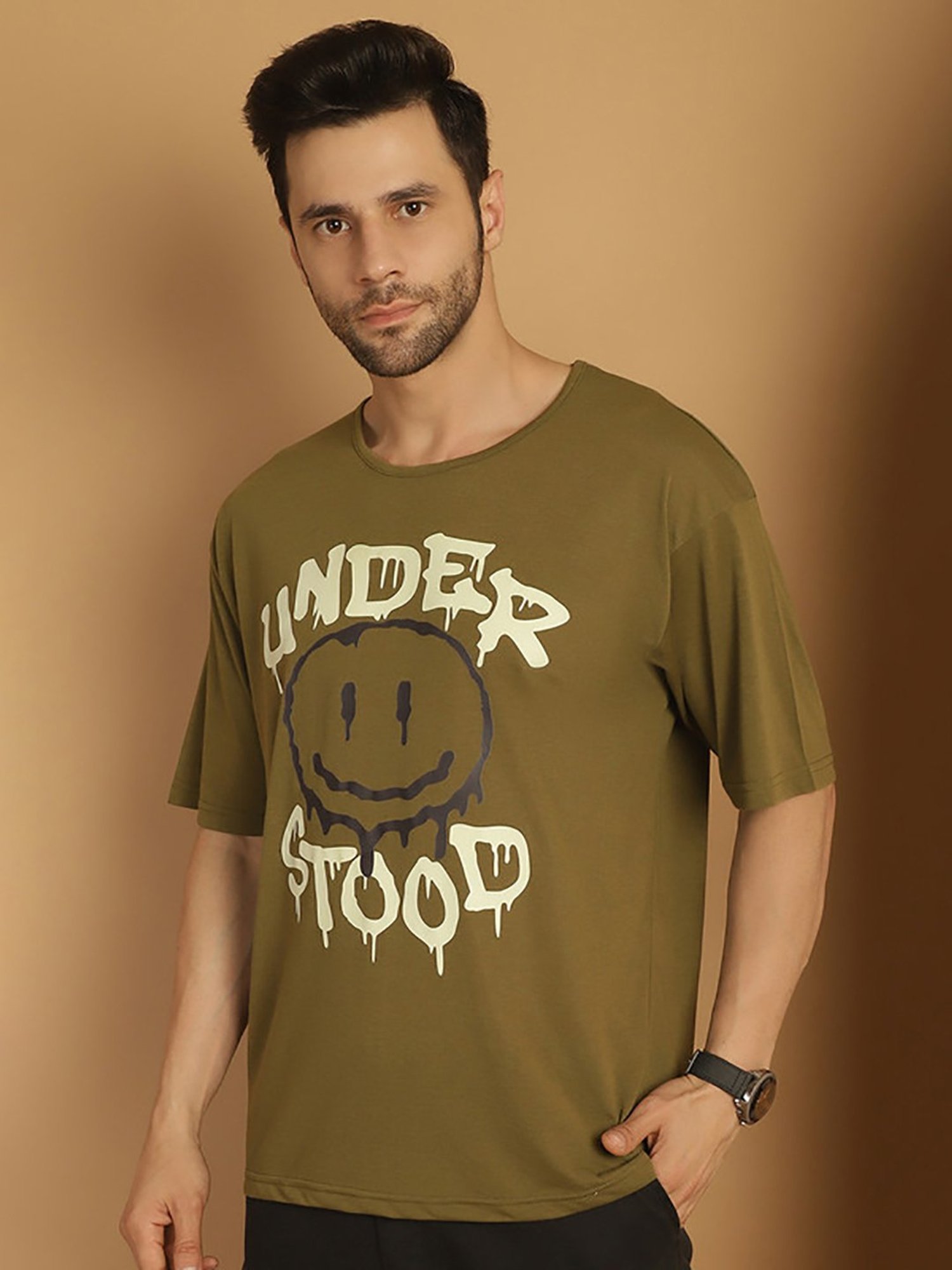 Vimal Jonney Olive Regular Fit Printed Oversized Crew T-Shirt