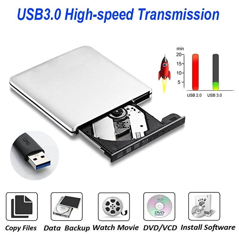 External 3D Blu Ray CD DVD Drive, Portable USB3.0 Blu Ray CD/DVD+/-RW Burner Player Writer Reader Rewriter for PC Netbook Laptop Desktop with Mac OS Windows XP/7/8/10/Vista-Silver