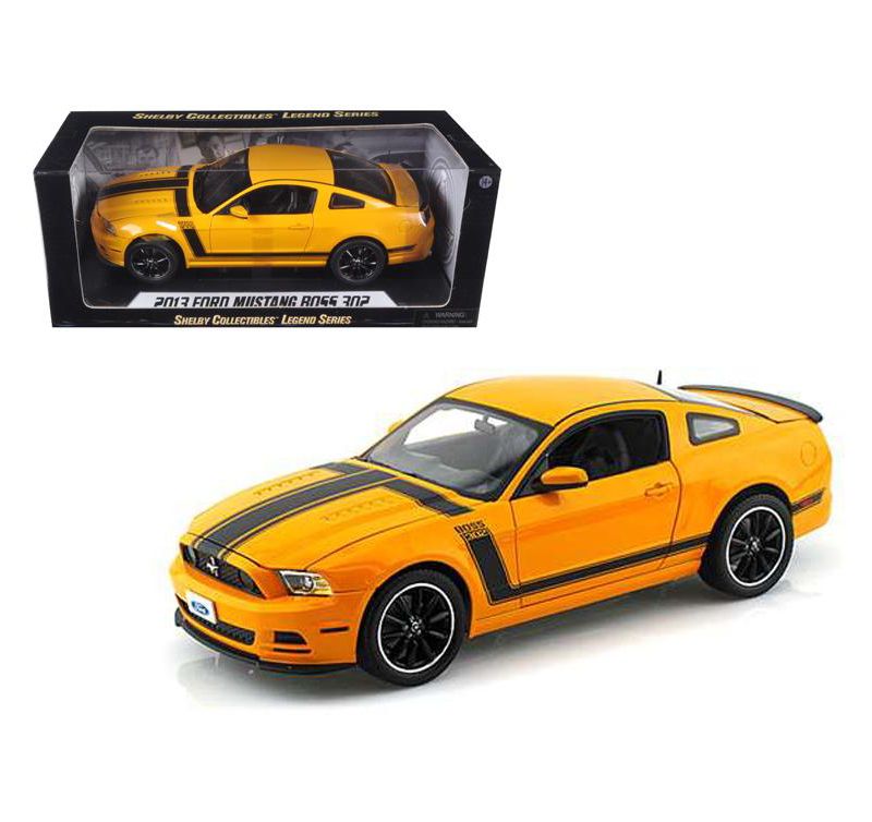 2013 Ford Mustang Boss 302 Yellow with Black Stripes 1/18 Diecast Model Car by Shelby Collectibles