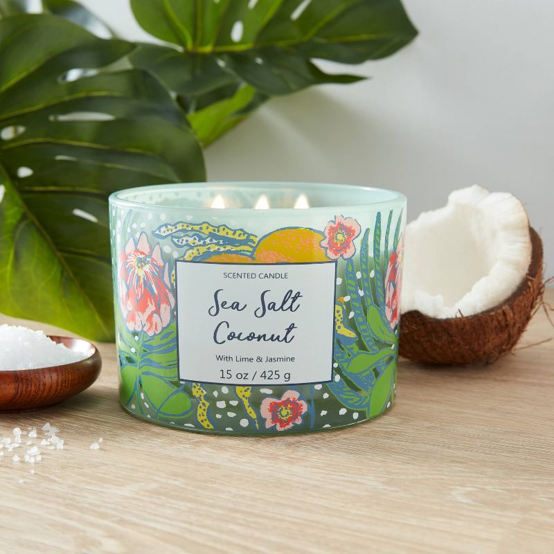 15oz Lidded Glass Jar Front Label Floral and Coconut Print 3-Wick Sea Salt Coconut Candle - Opalhouse™