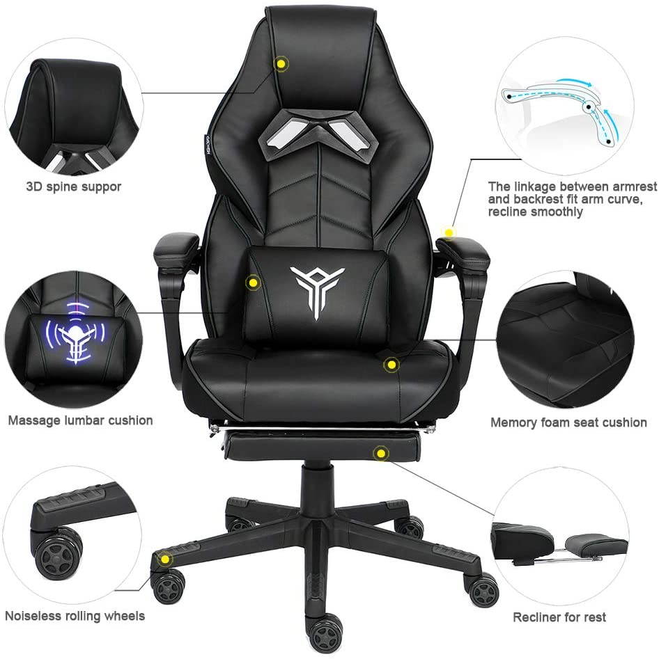 Racing Gaming Chair with Footrest and Massage Lumbar Pillow, Swivel Height Adjustable Reclining PU Leather Video Game Chair, E-Sports Gaming Chair Big and Tall