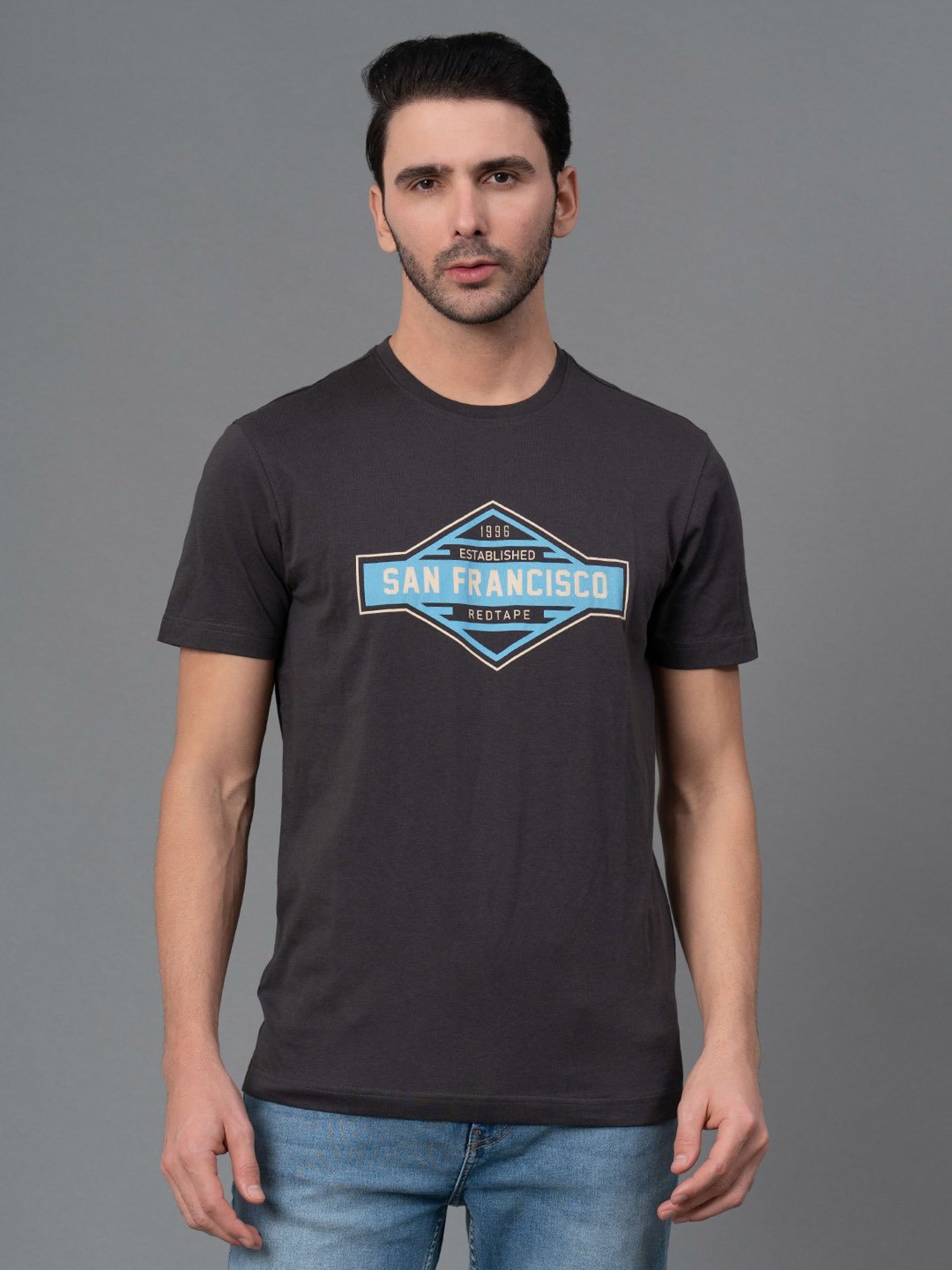 Red Tape Dark Grey Regular Fit Graphic Print Cotton Crew T-Shirt