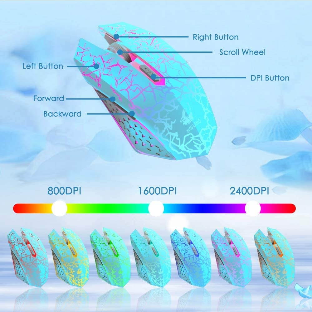 Wireless Gaming Keyboard and Mouse Combo Ranibow LED Backlit Rechargeable 4000mAh Battery Mechanical Feeling Waterproof Dustproof 7 Color Backlit Mute Mice for Computer Mac Gamer (Blue & Ranibow)