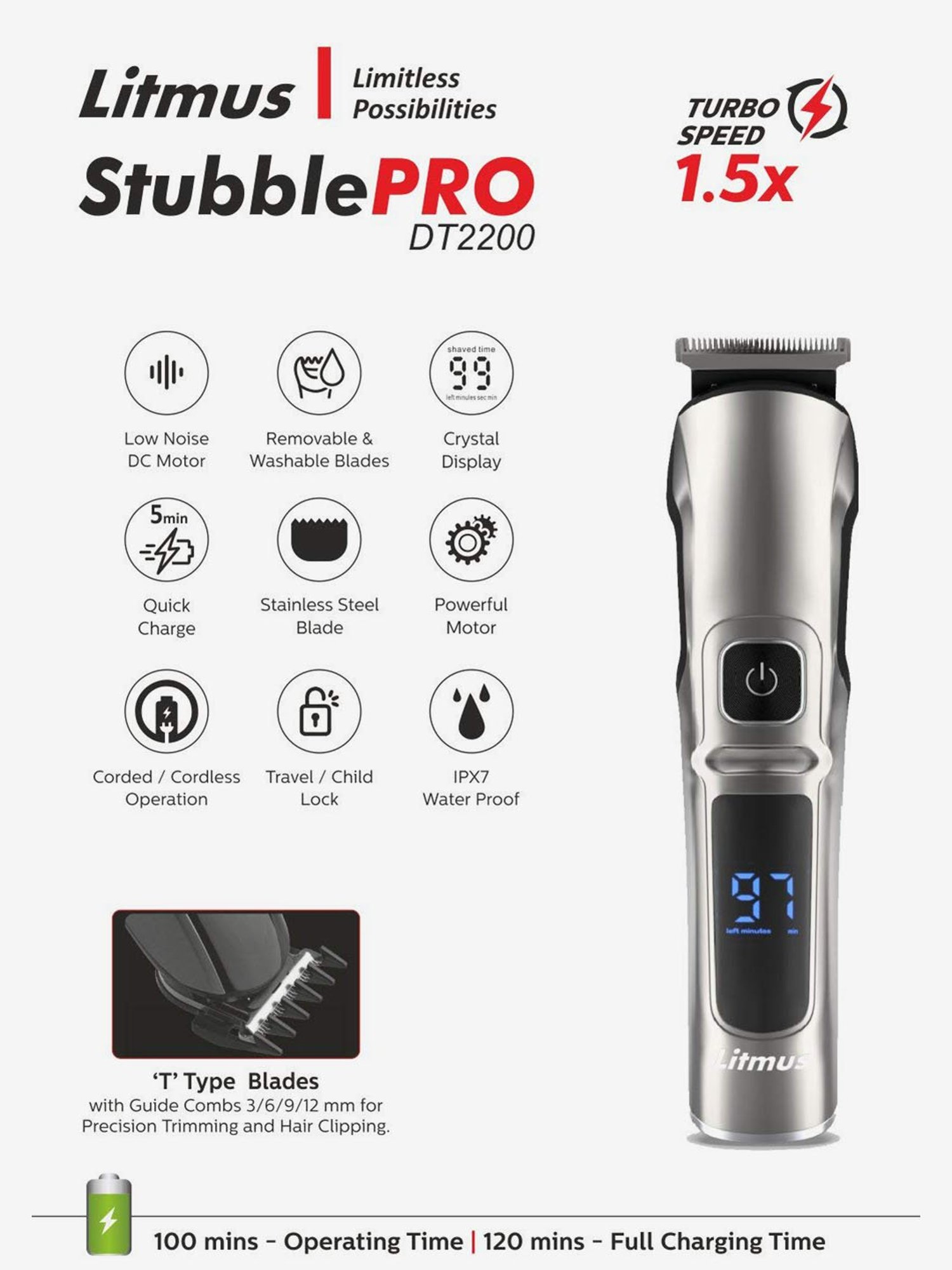 Litmus Stubble PRO DT2200 Waterproof Trimmer for Men (Silver/Black)