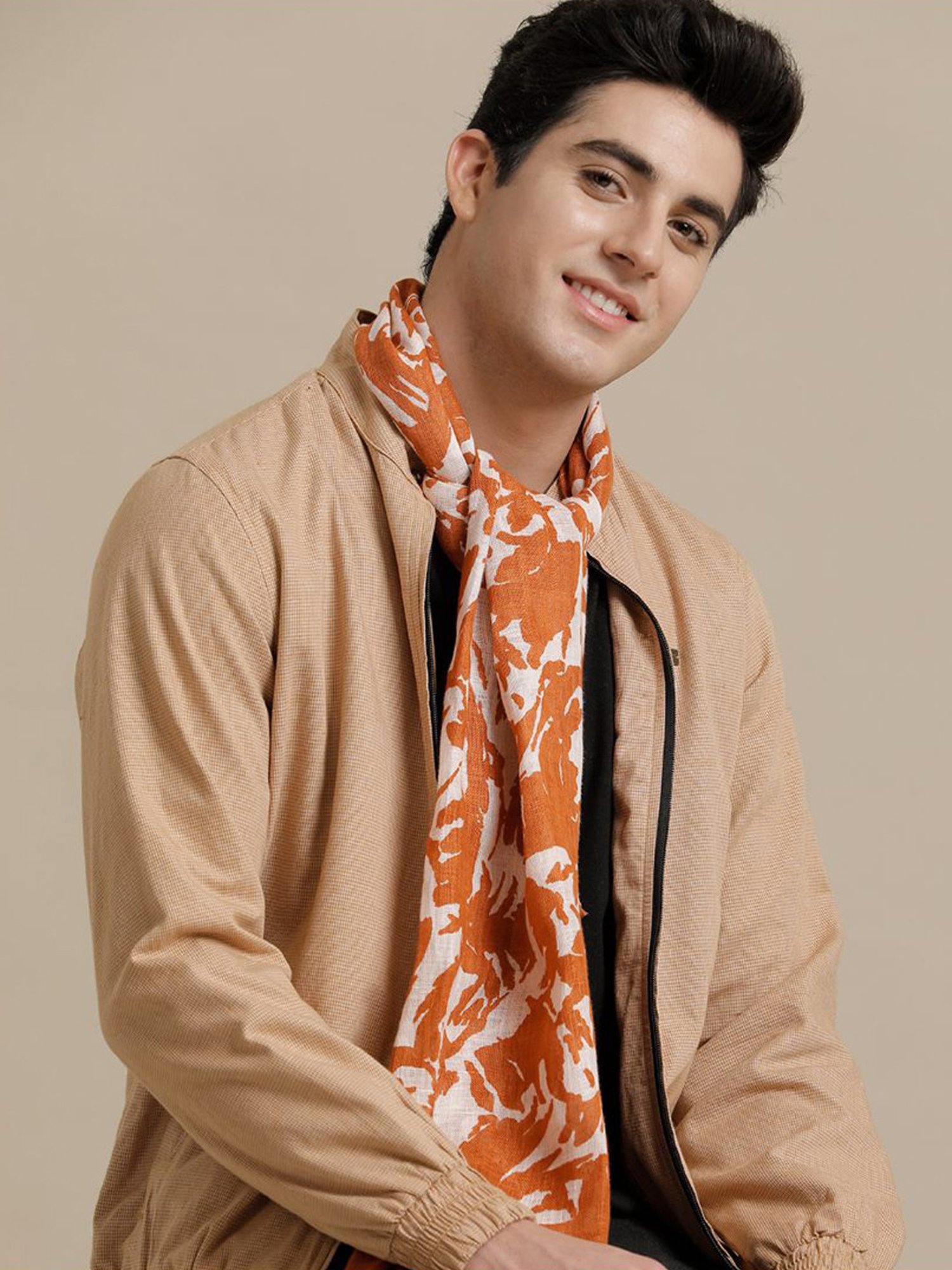 Linen Club Orange Printed Pure Linen Stole