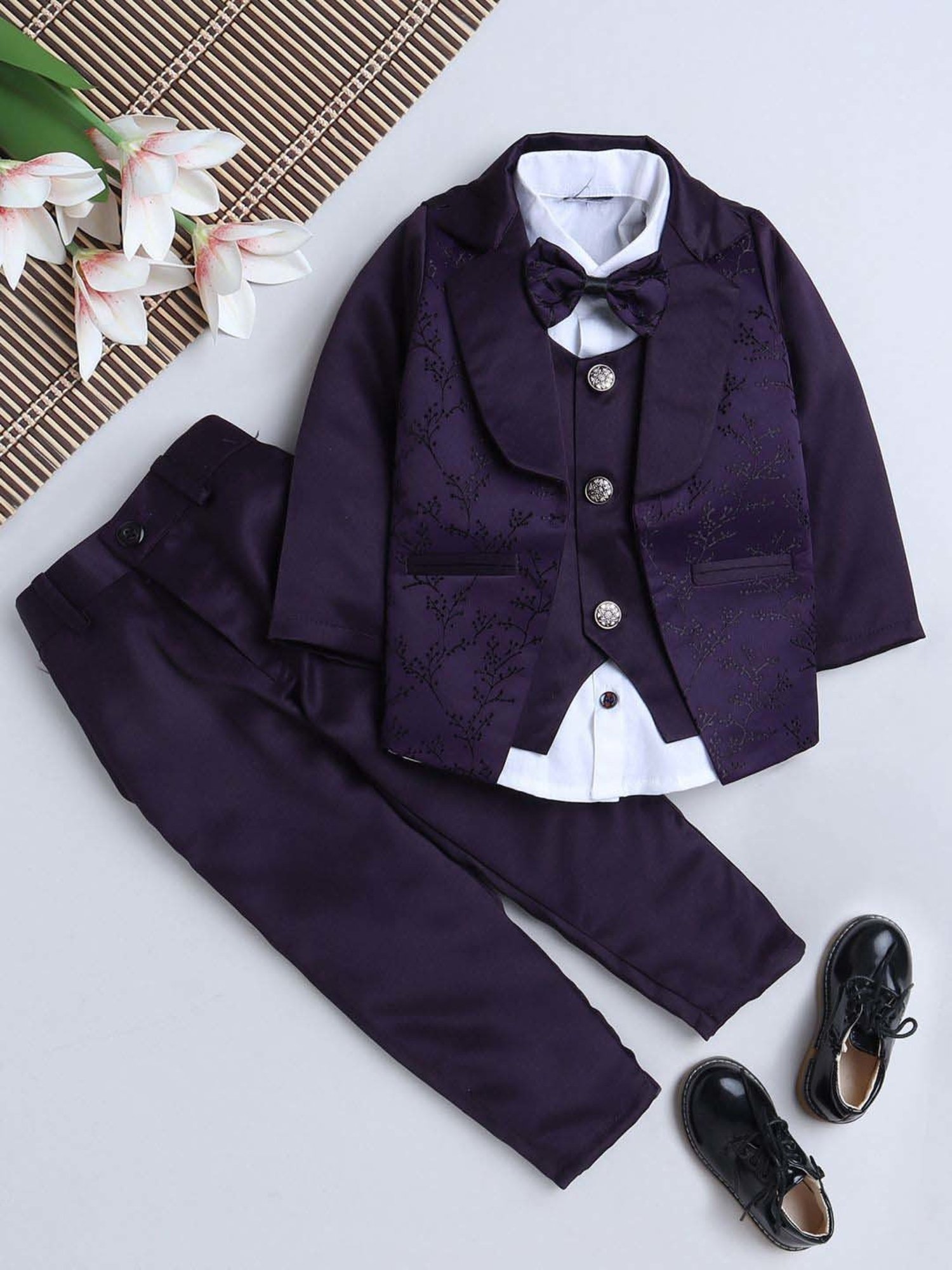 Fourfolds Boys Purple Solid Full Sleeves Clothing Set