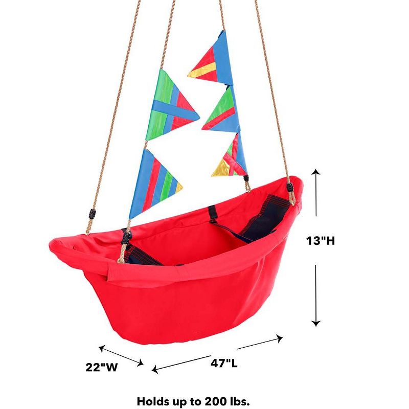 HearthSong Regatta Boat Tree Swing for Kids with Colorful Flags and Mesh Bottom, 47"L x 22"W x 13"H Holds Up To 200 lbs.