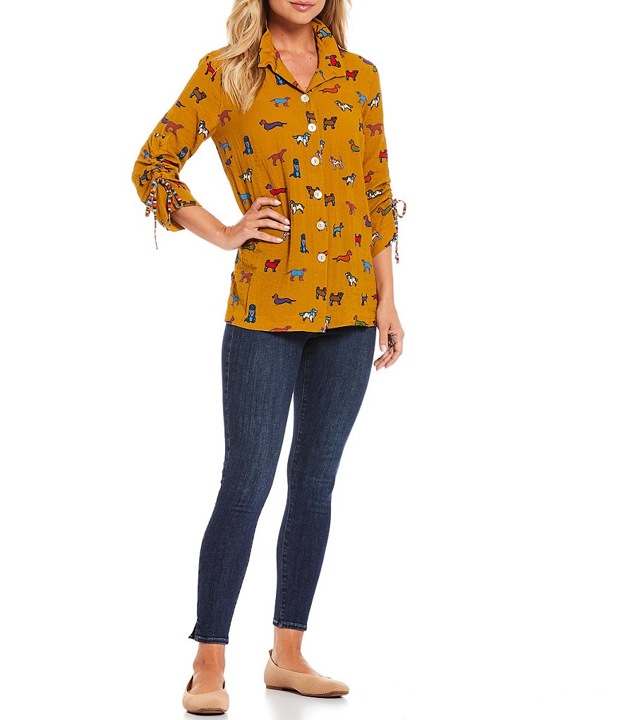 John Mark 3/4 Cinched Sleeve Point Collar Novelty Dog Print Button Front Shirt