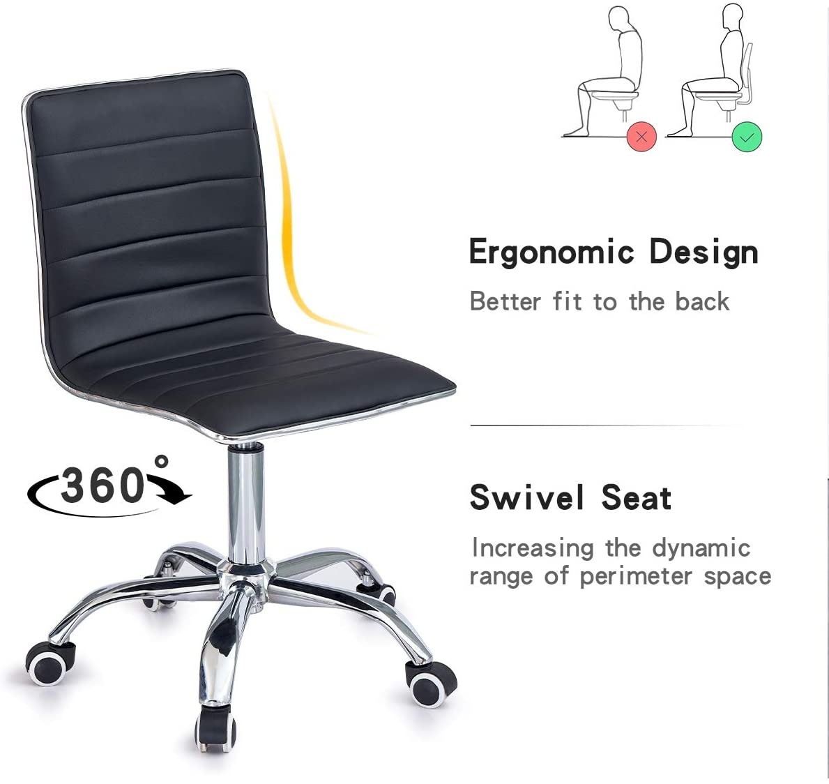 Ribbed Swivel Desk Chair Adjustable Task Chair PU Leather Mid Back Rolling Office Chair with Wheels Padded Task Conference Chair with Backrest for Office Home Computer Without Arms, White