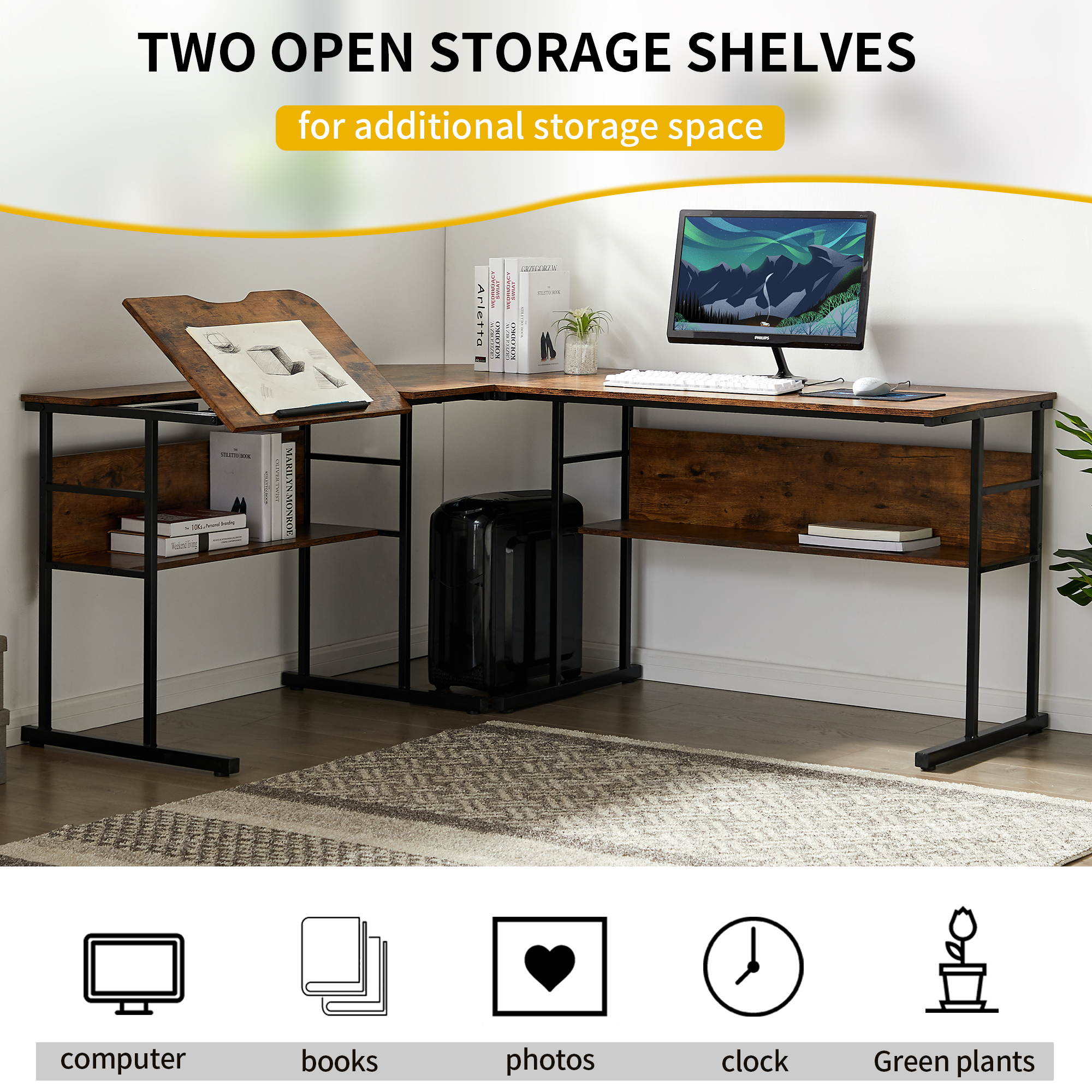 L-Shaped Corner Desk Home Office Desk With Bottom Bookshelves And CPU Stand, Multi-Function Drafting Drawing Table With Tiltable Desktop for Artist or Student Separable Design (Brown)