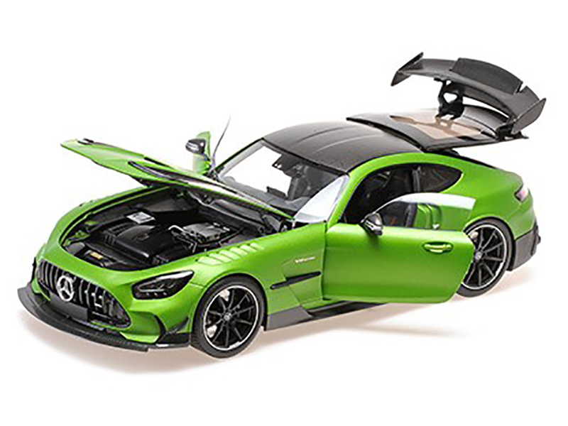 2021 Mercedes-Benz AMG GT Black Series Matt Green Metallic with Black Top and Hood Stripes 1/18 Diecast Model Car by Minichamps