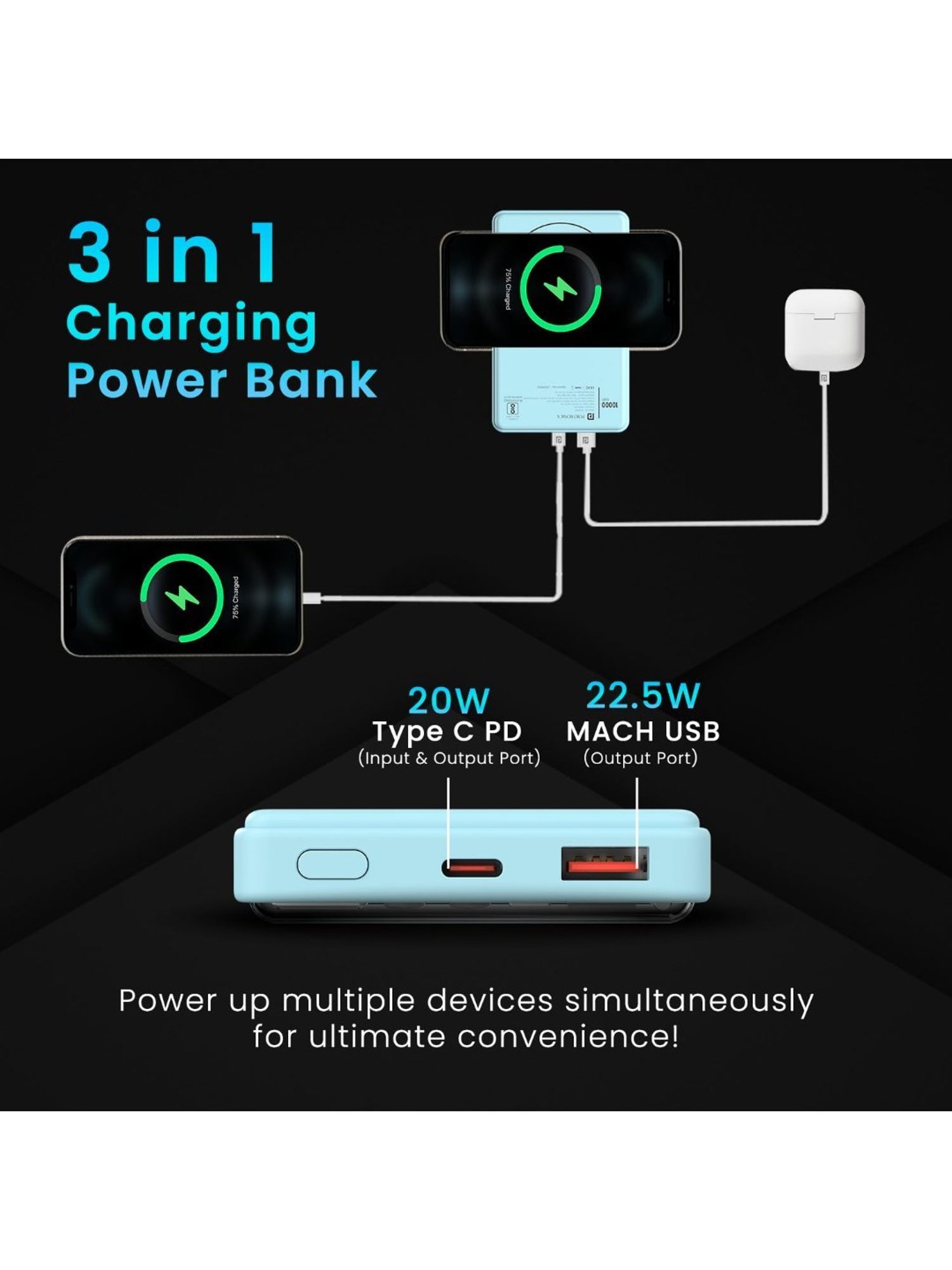 Portronics Luxcell Wireless Mini Power Bank 10000mAh 15W with 22.5 Wired Output (Blue)