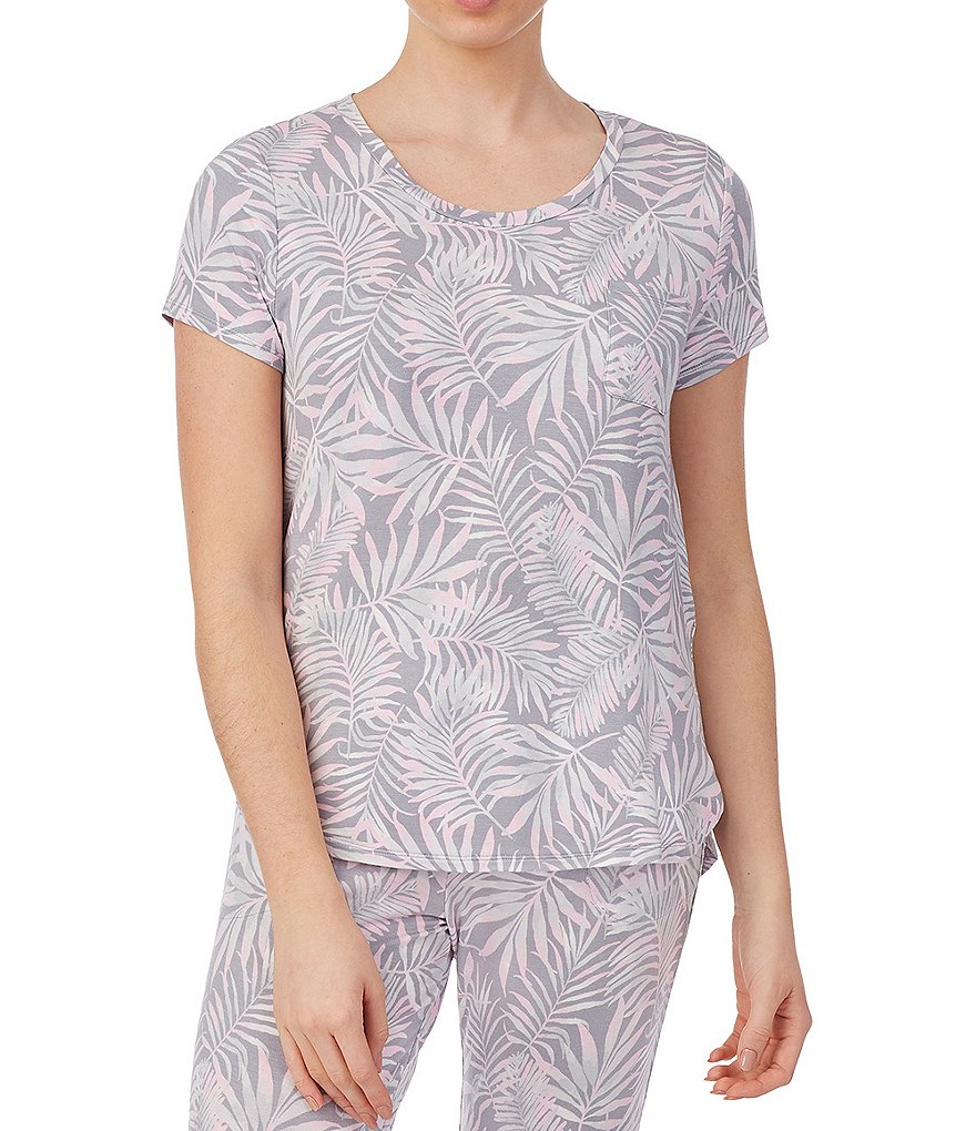 Irelax Palm Tree Print French Terry Crew Neck Short Sleeve Coordinating Sleep Top