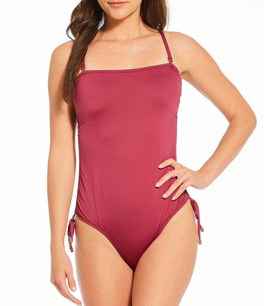 Gibson & Latimer Solid Bandeau Cinched Tie Side One Piece Swimsuit