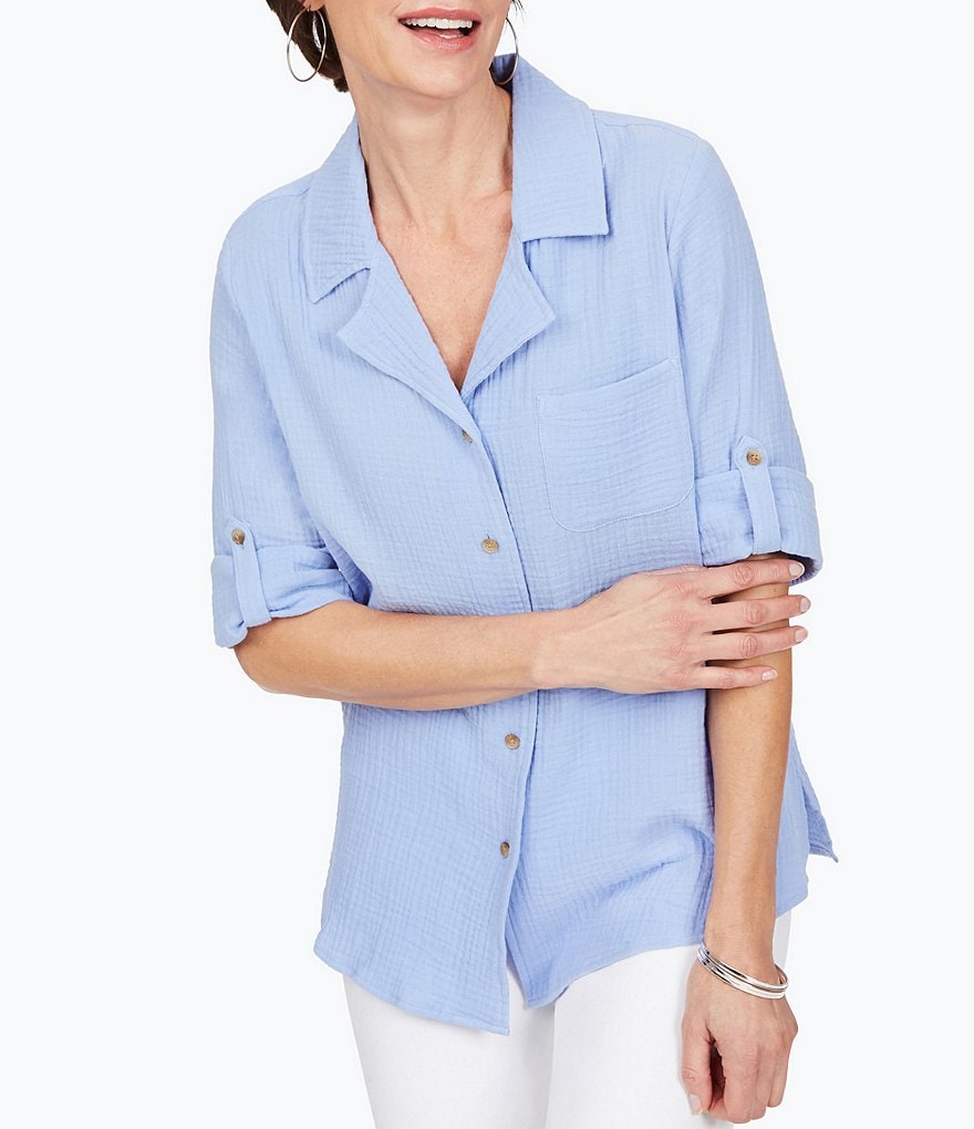 Foxcroft Blair Gauze Notch Collar Button Front Shirt