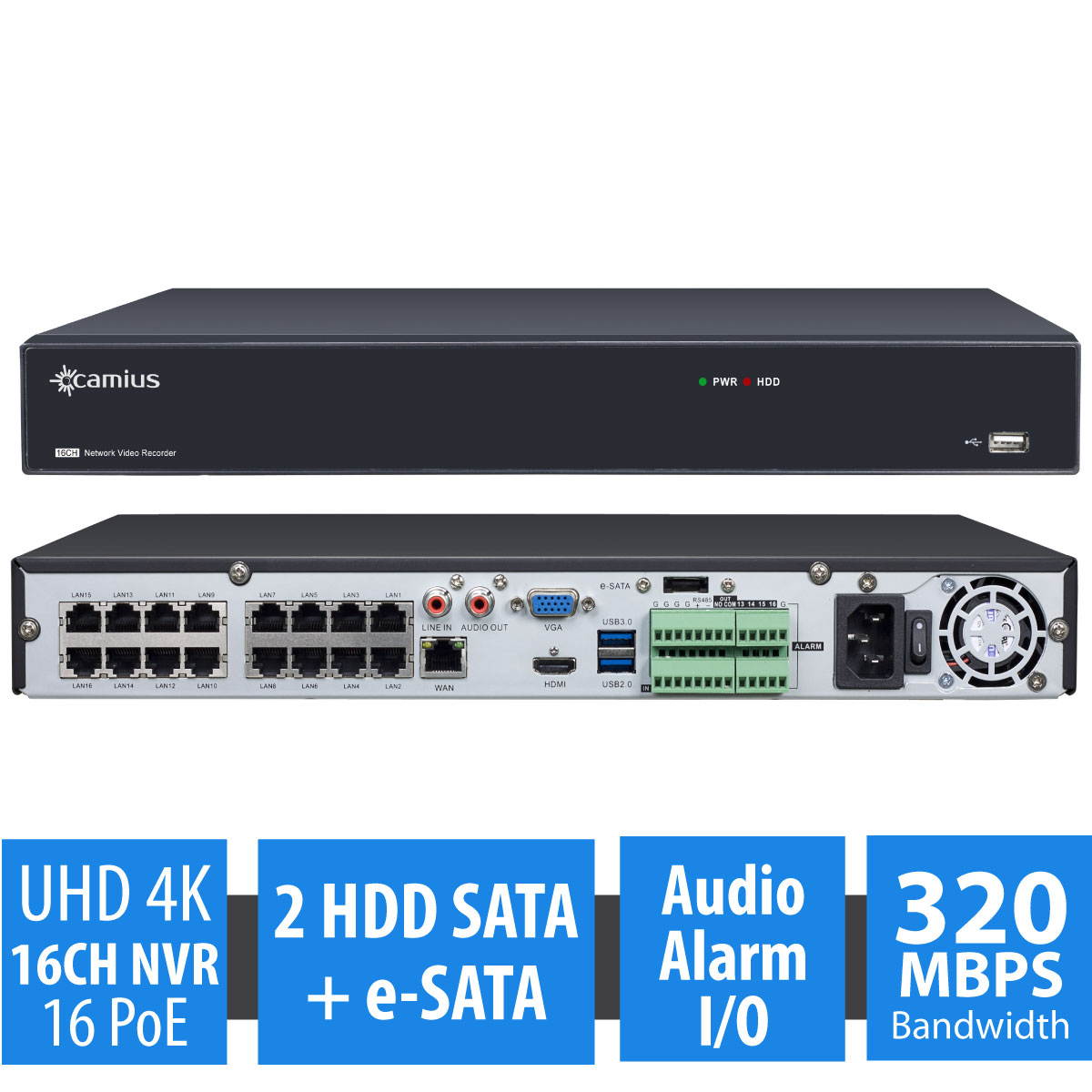 GW Security 16 Channel HD 1920p H.265 Security System with 8TB HDD, (15)* PoE 5MP HD 1920p 2.8-12mm Varifocal Weather Proof IP Cameras, and (1)* 20x Zoom 5MP HD 1920p IP PTZ (Pan-Tilt-Zoom) Camera