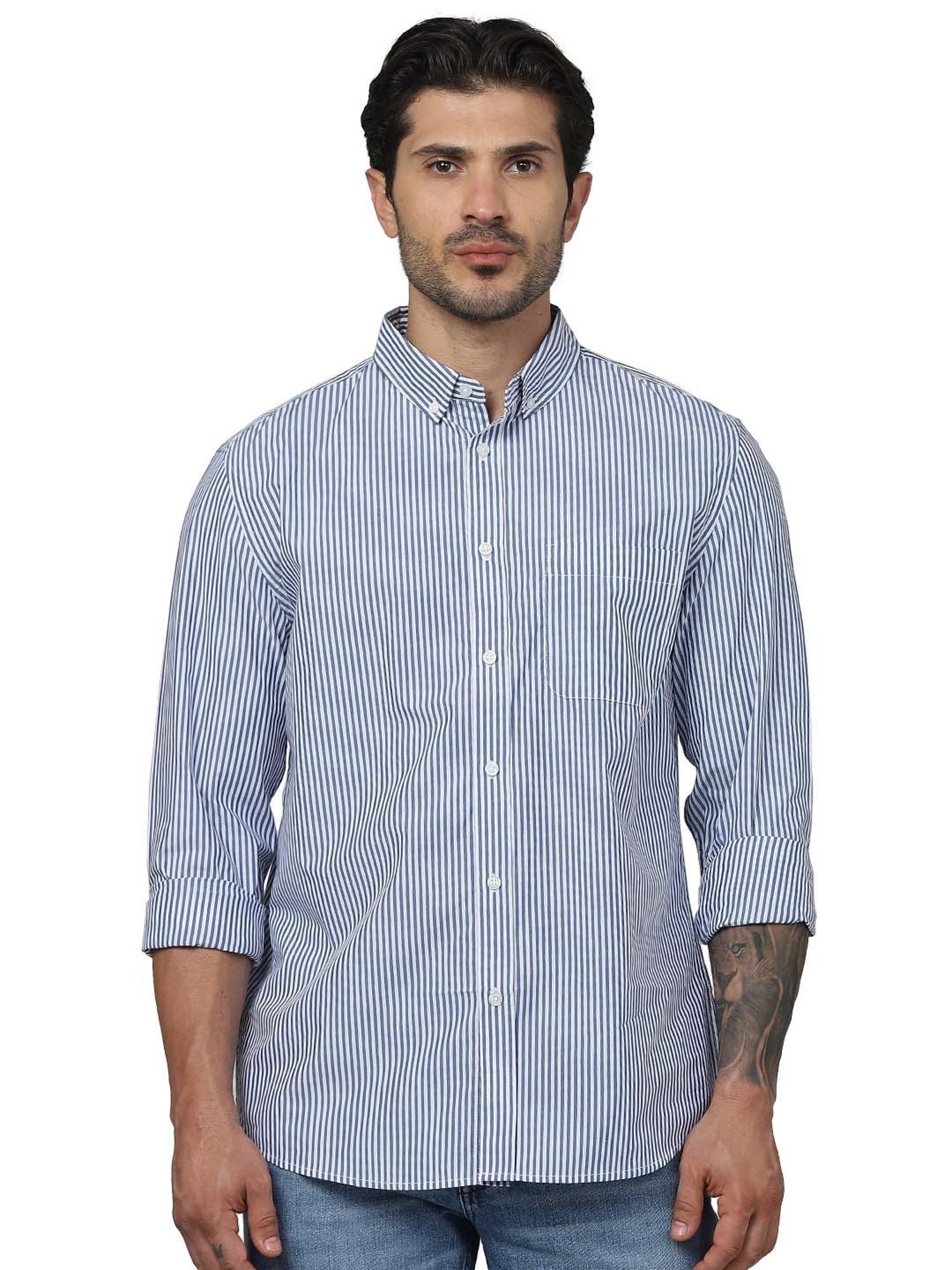 celio* Blue Regular Fit Striped Cotton Shirt