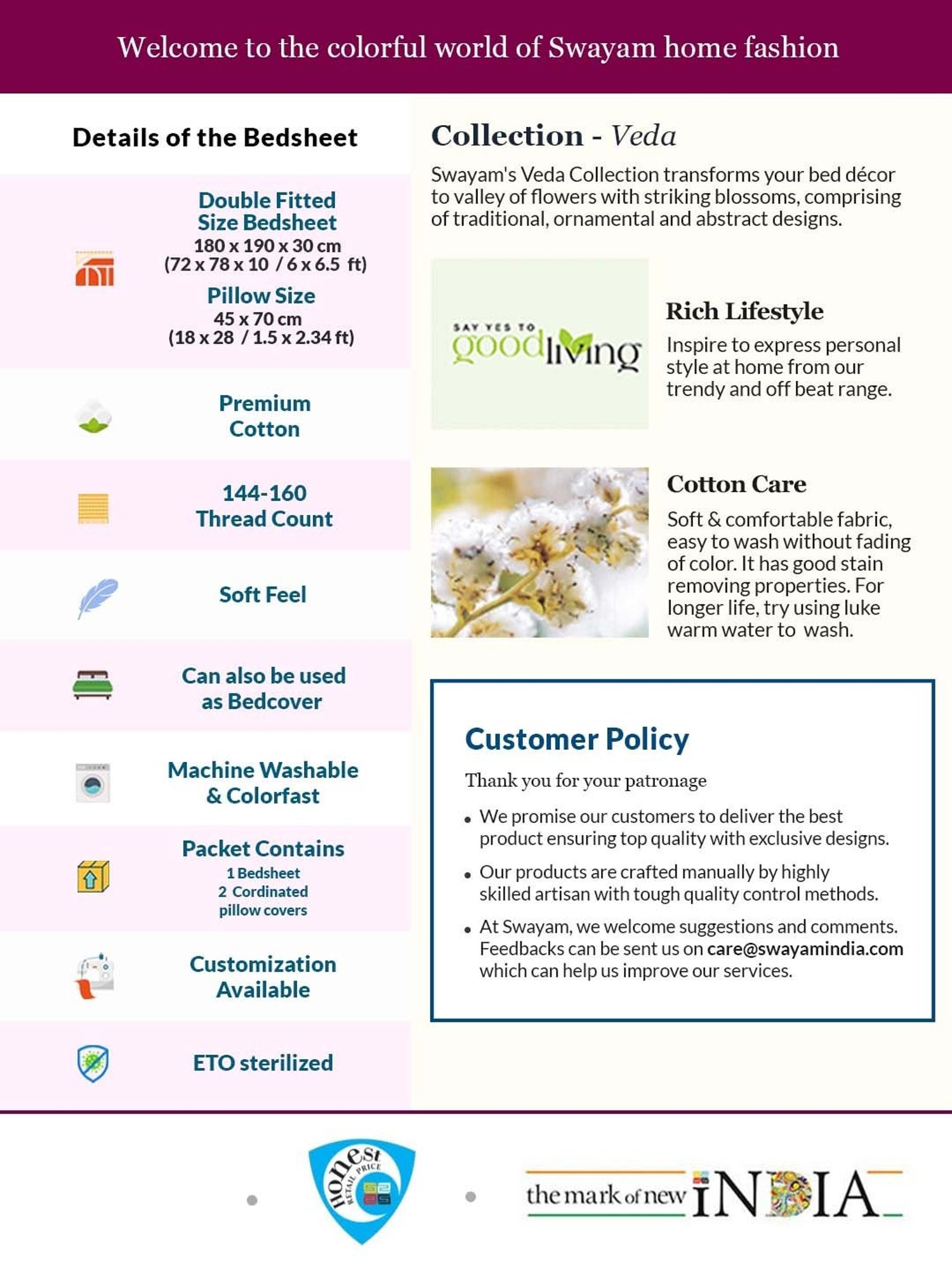 Swayam Veda Printed Yellow 144 TC Cotton King Bedsheet with 2 Pillow Covers