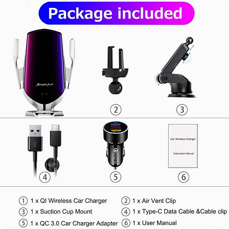 Wireless Charger Car Mount Smart Sensor Qi Fast Wireless Car Charger Mount Auto Clamping Car Phone Holder Compatible iPhone 81011XsXs MaxXR Samsung Galaxy S9S10S20Plus Note910