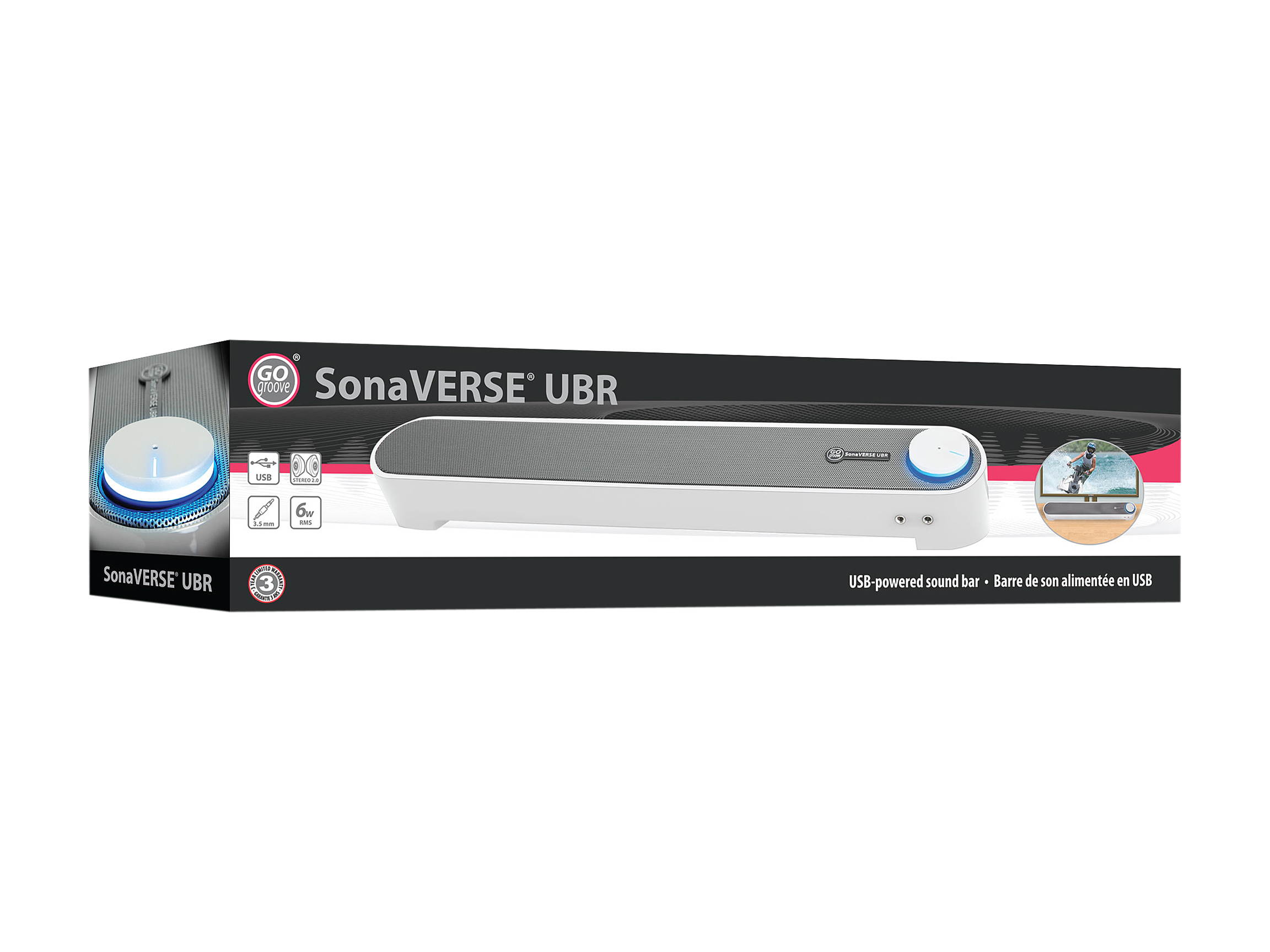 Desktop Computer Sound Bar Speaker w/ Easy Access Headphone & Mic Jacks by GOgroove - SonaVERSE UBR (White) - USB Powered, LED accents, Compact 16.5" Length, Angled Design - Ideal for Small Desks