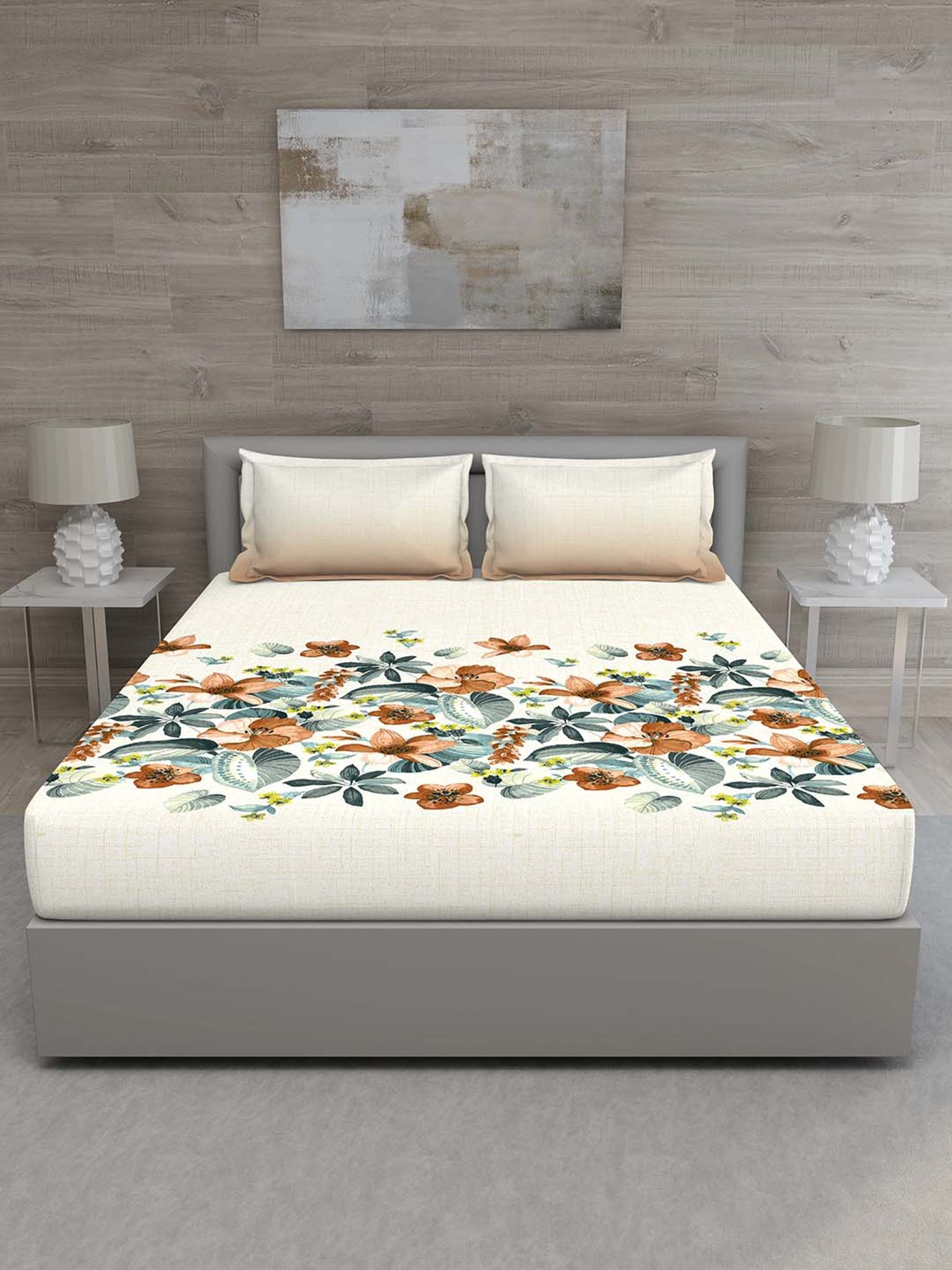 GM Off-White & Brown 100% Cotton 144 TC Queen Bedsheet Set