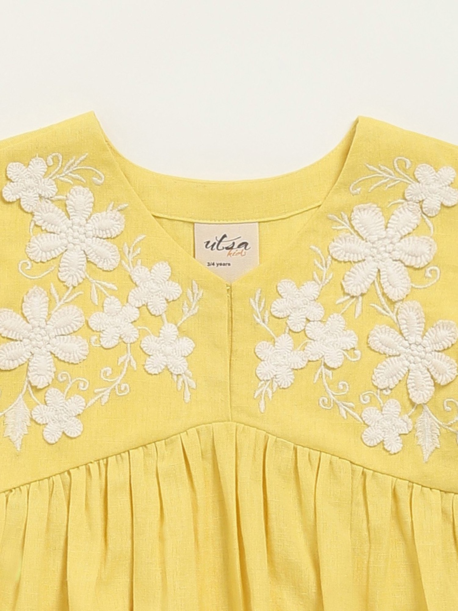 Utsa Kids by Westside Yellow Embroidered Cotton Blend Empire Dress