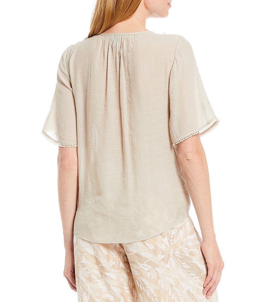 I.N. Studio Solid Gauzy Crochet Trim V-Neck Elbow Sleeve Tie-Front Top