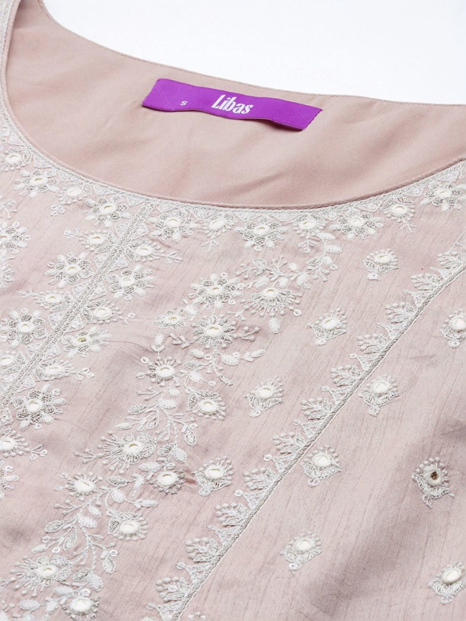 Libas Art Beige Embroidered Kurti Palazzo Set With Dupatta