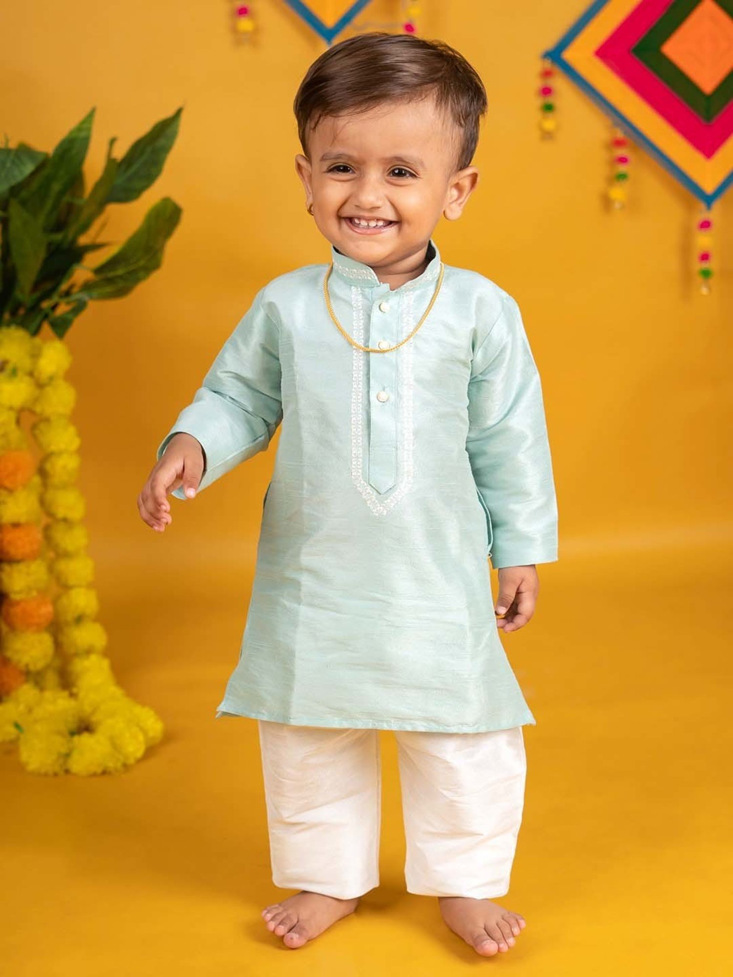 Baby Moo Kids Mint Green & White Regular Fit Full Sleeves Kurta Set