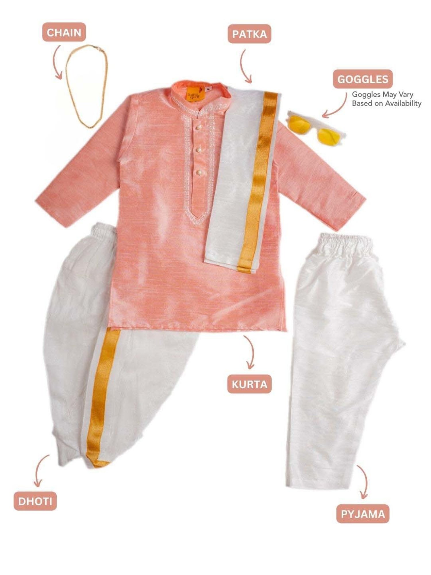 Baby Moo Kids Peach & White Regular Fit Full Sleeves Kurta Set