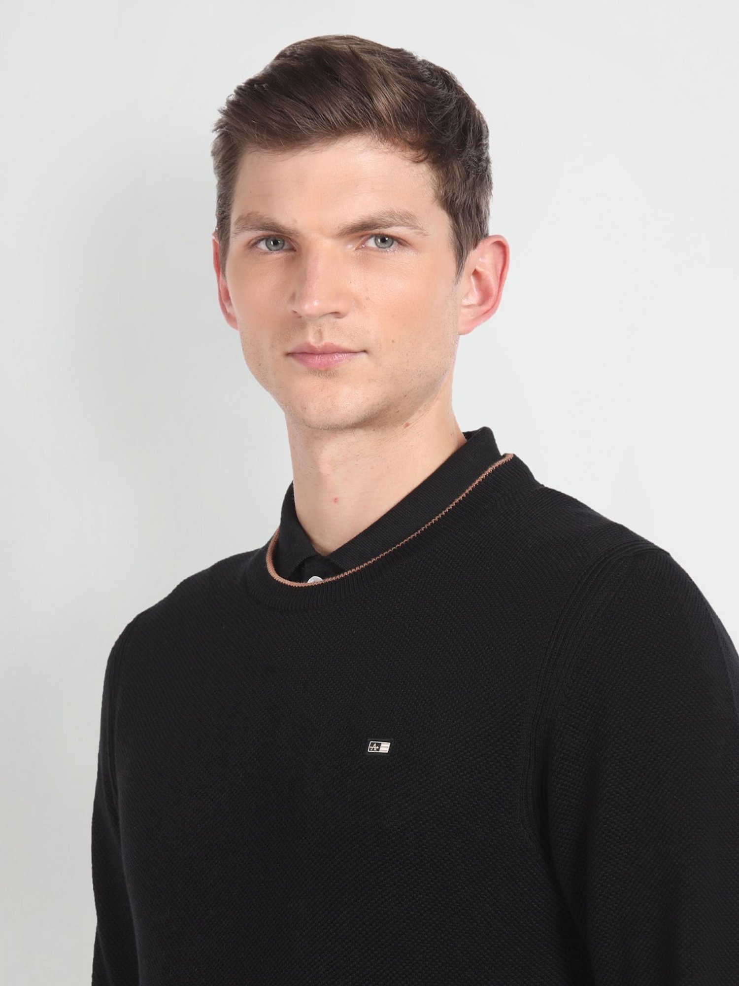 Arrow Sport Black Regular Fit Self Pattern Sweater