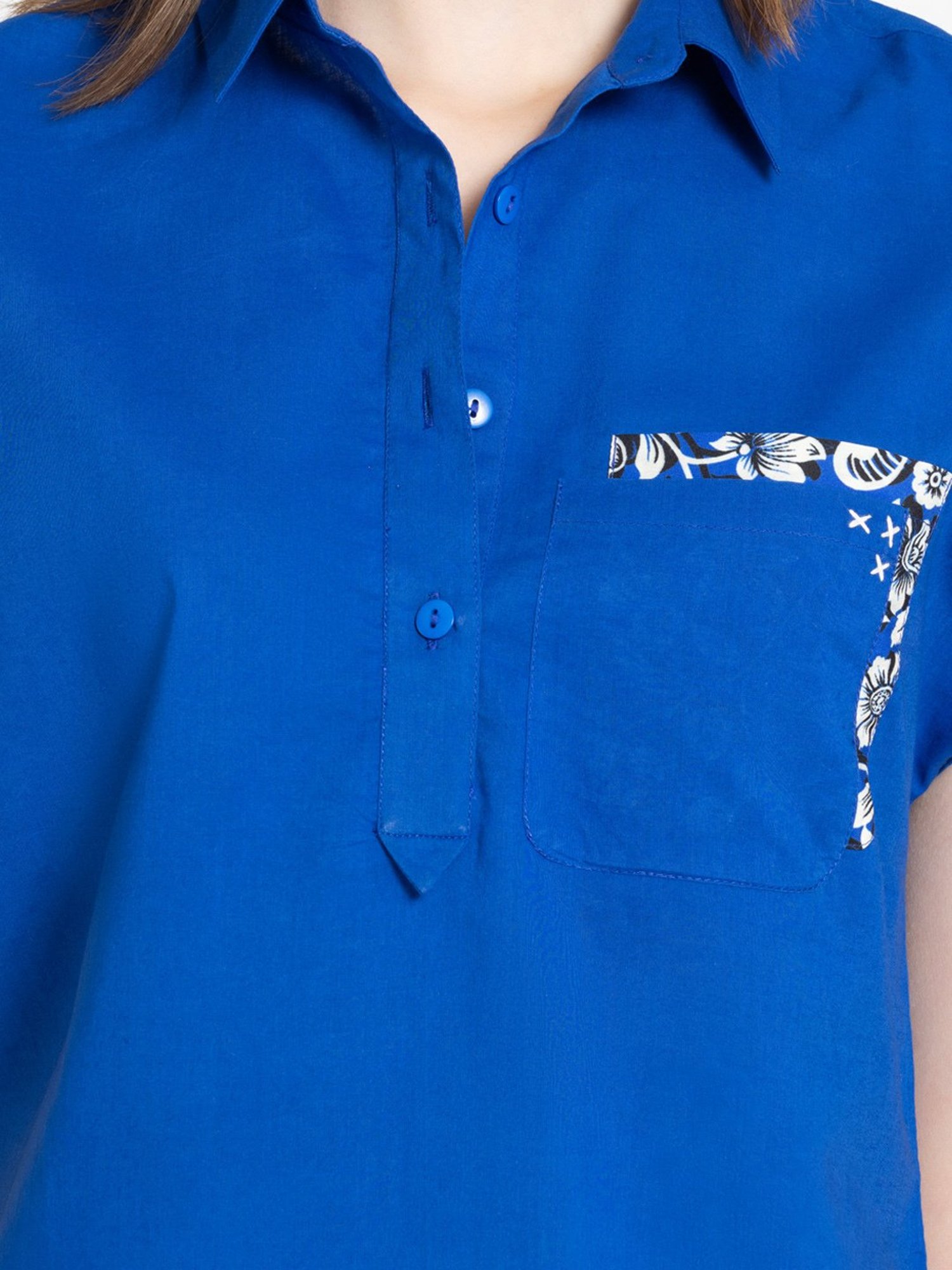 SHAYE Blue Cotton Floral Print Top