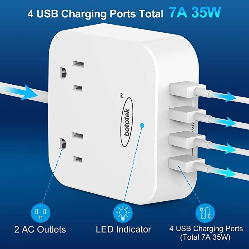 Power Strip with USB,  Desktop Charging Station 2 Widely Spaced Outlets with 4 USB Ports(5V/7A, 35W) 4 ft Extension Cord for Ship Travel Multi Plug Extender