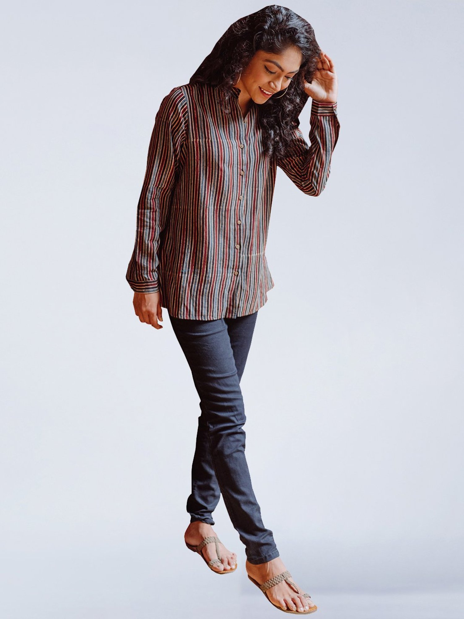 Okhai Rhythm Dark Brown & Black Pure Cotton Striped Shirt