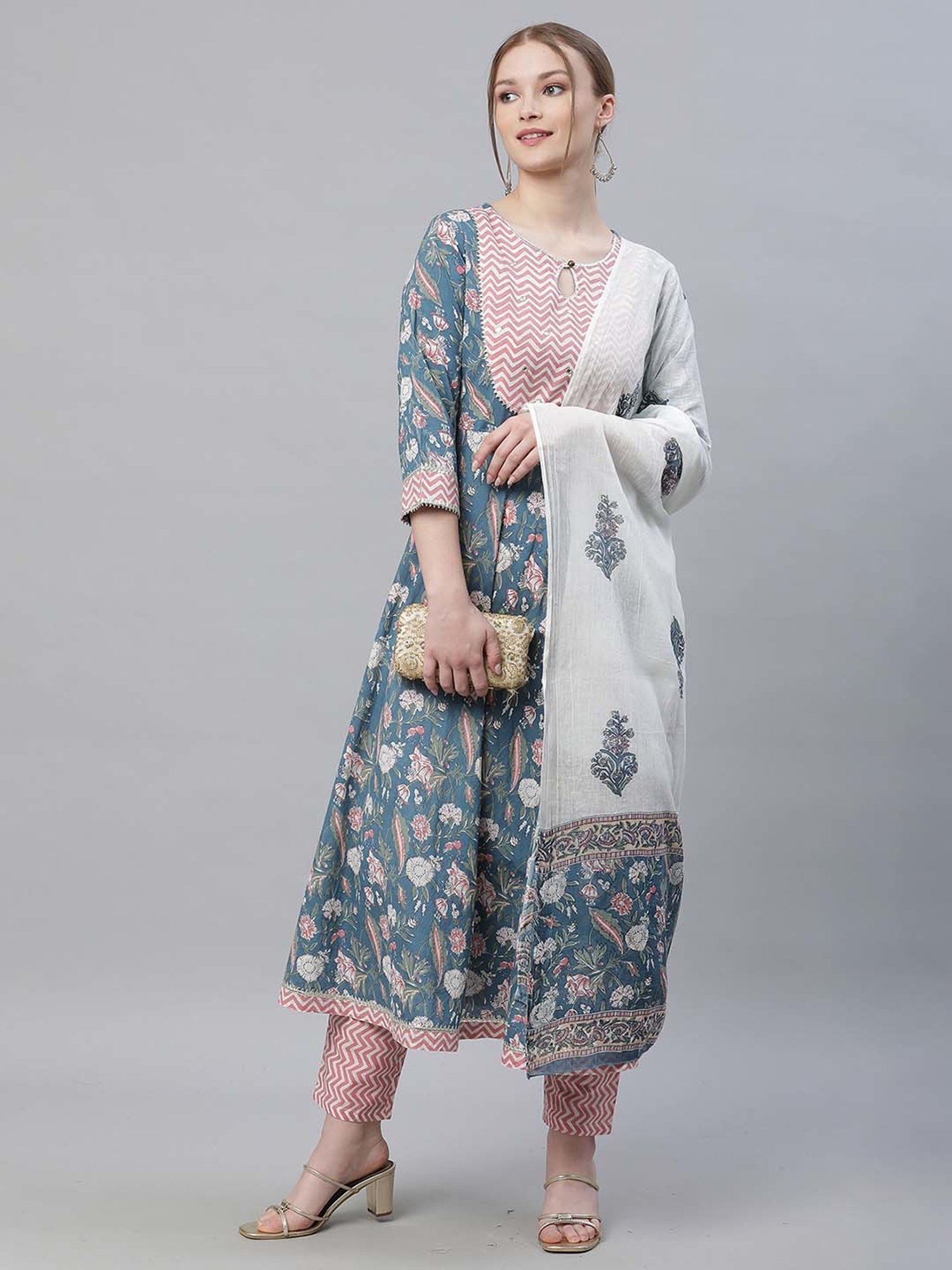 Sringam Blue & Pink Cotton Floral Print Kurta Pant Set With Dupatta