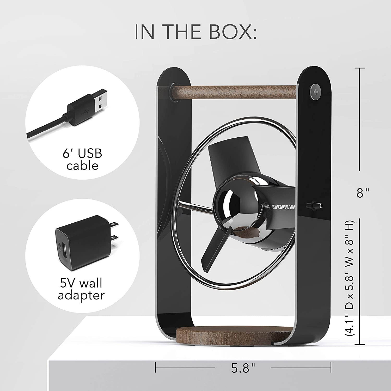 Sharper Image SBV1-SI USB Fan with Soft Blades, 2 Speeds, Touch Control, Quiet Operation, 5V Wall Adapter, 6 ft. Cable, Personal, Black