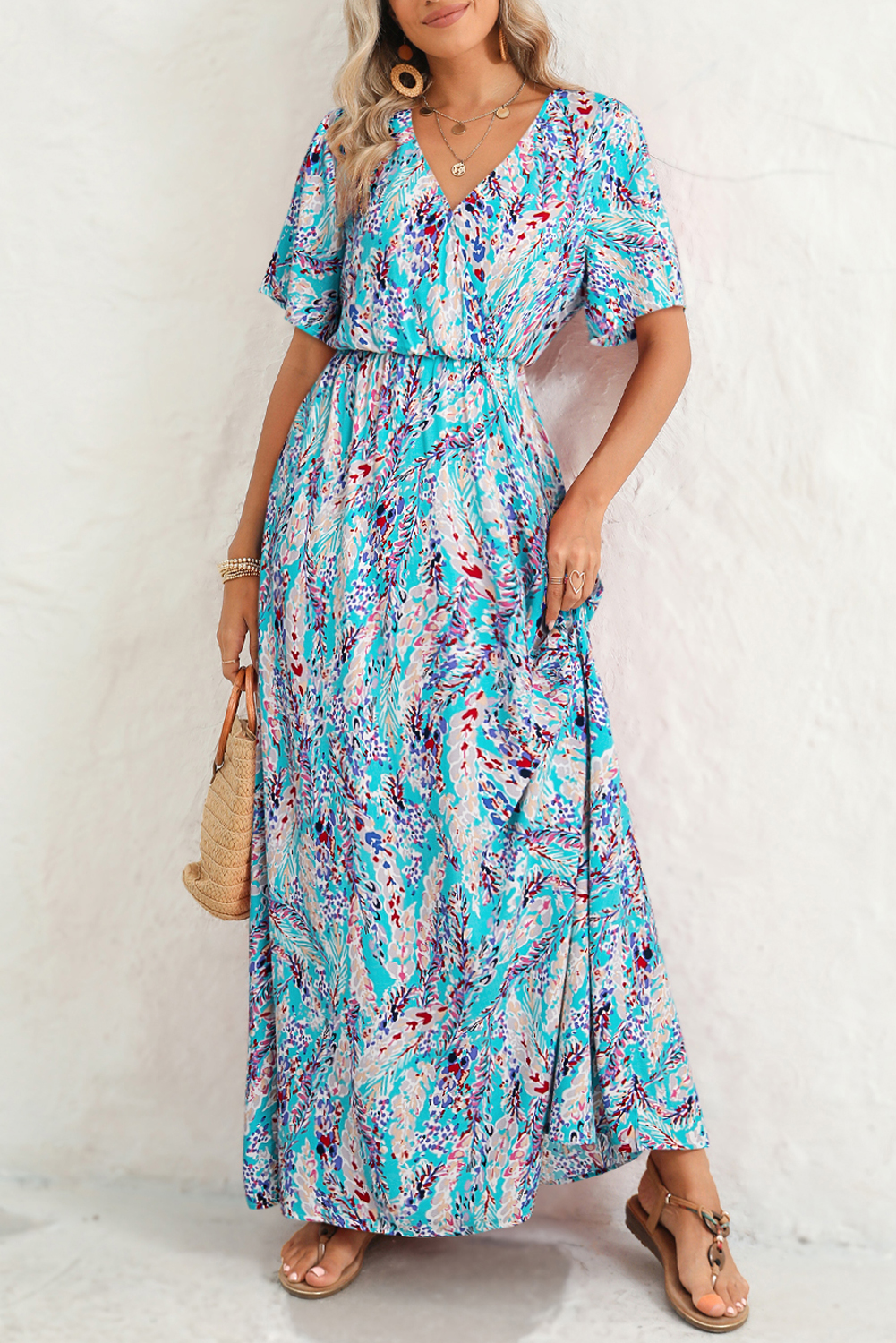 Abstract Botanic Print Wrap V Neck Short Sleeve Maxi Dress