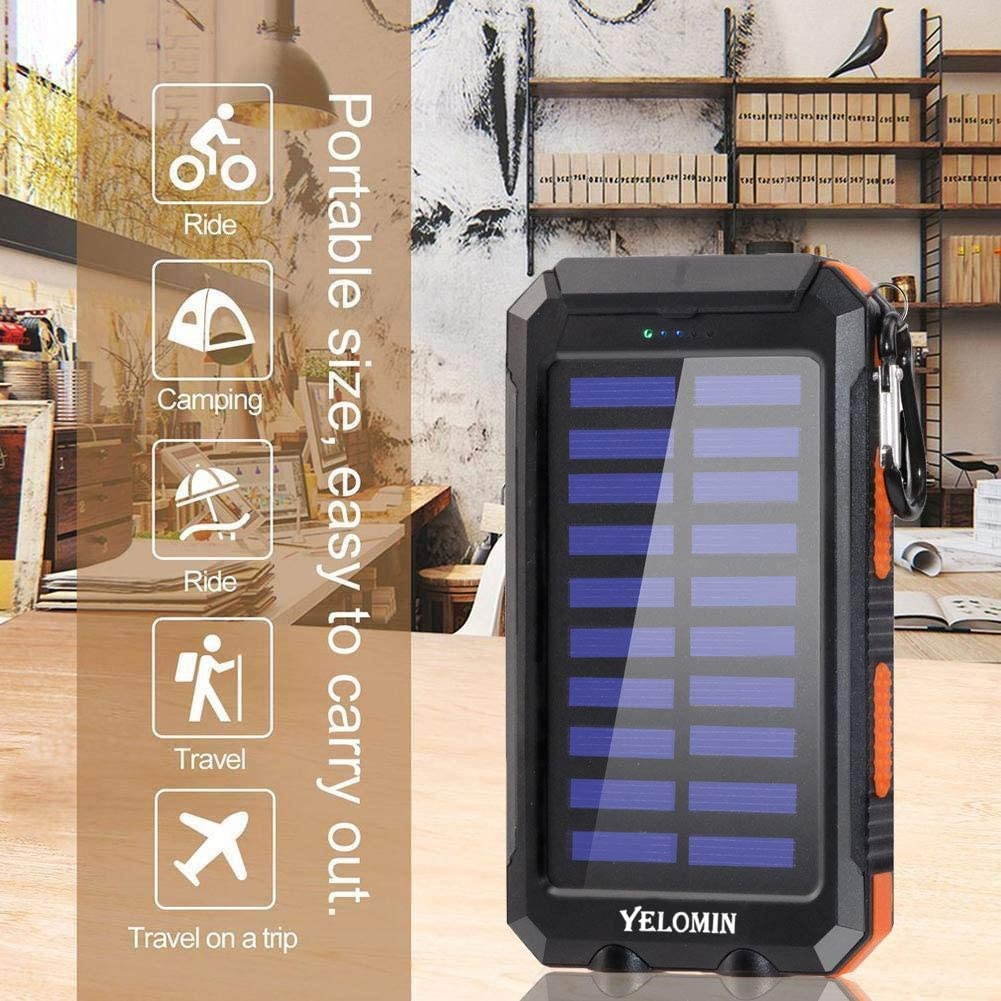 Solar ChargerYelomin 20000mAh Portable Outdoor Mobile Power BankCamping External Backup Battery Pack Dual USB 5V 1A/2A Outputs & Flashlight for All Cell PhonesTablets and Electronic Devices