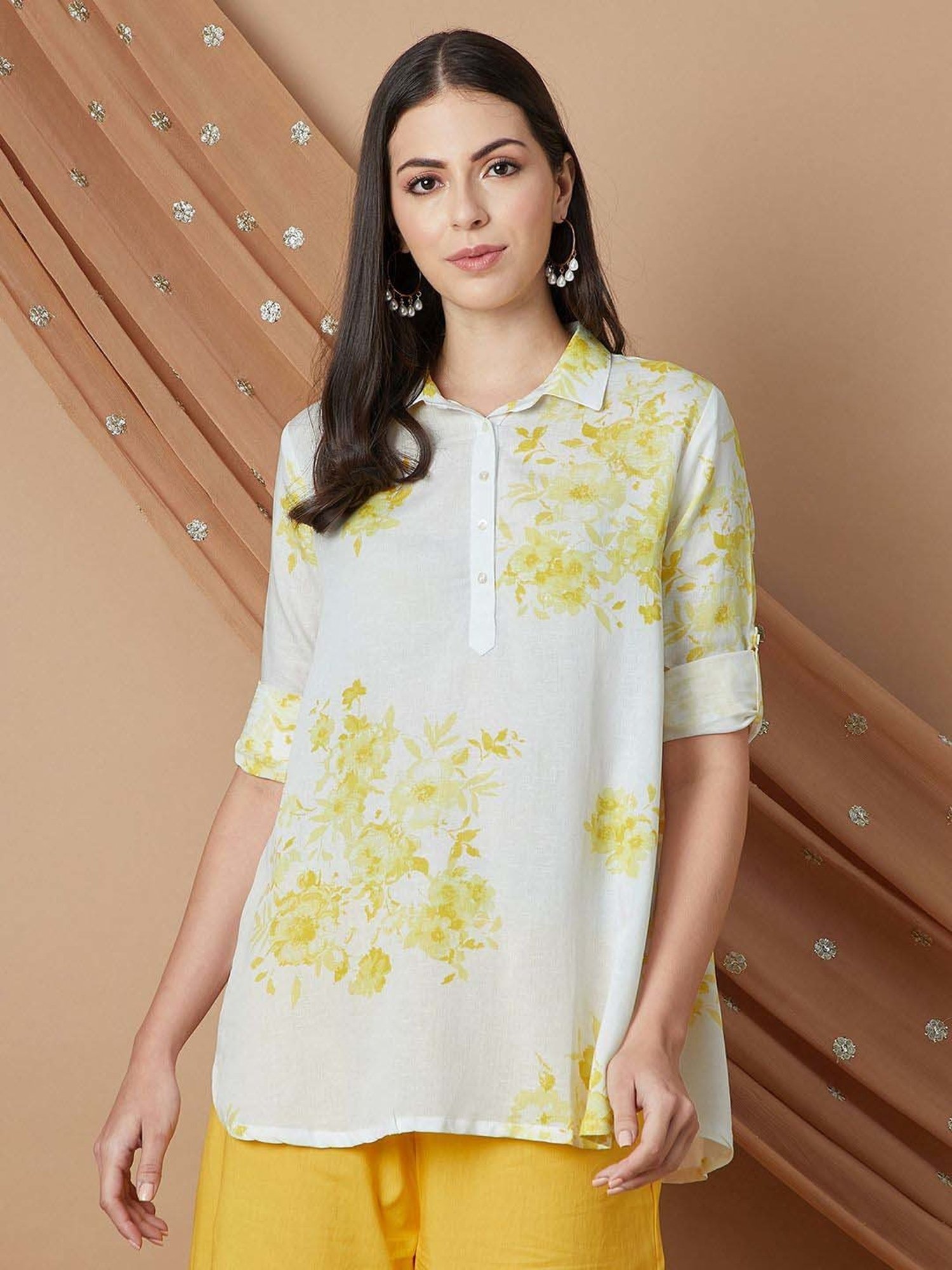 Melange by Lifestyle White & Yellow Printed Tunic