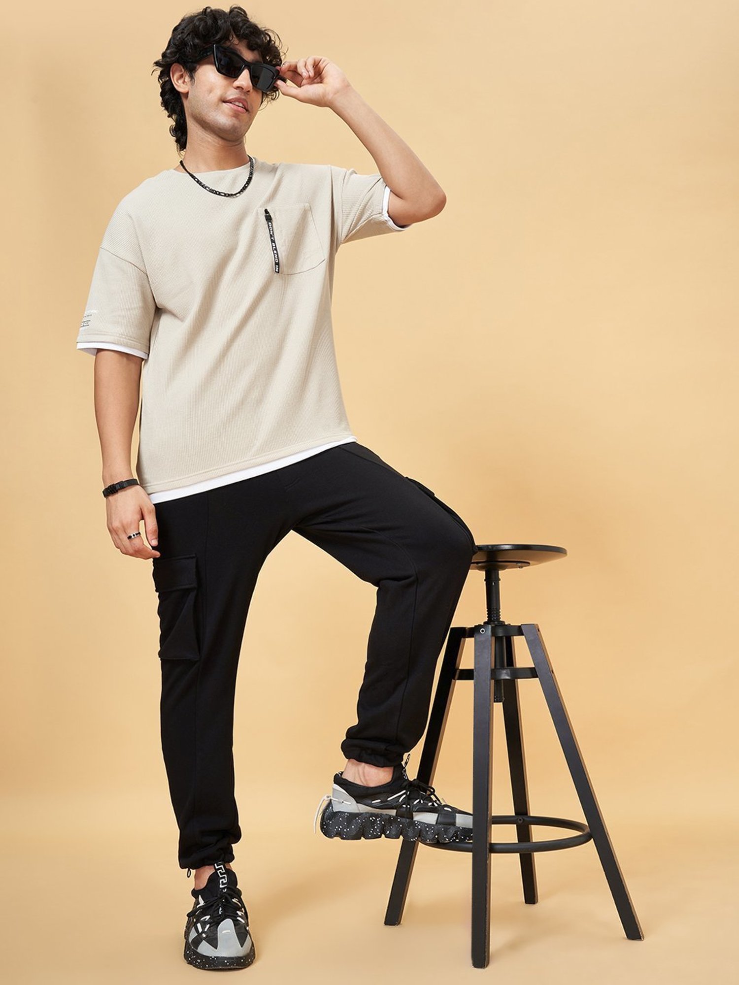 Street 808 By Pantaloons Warm Sand Regular Fit Texture T-Shirt