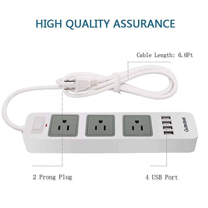 Strip White USB Strip with 2 Prong 66ft Extension Cord 3 AC Outlet Flat Plug Surge Protector for Workbench Nightstand Home Office and Hotel