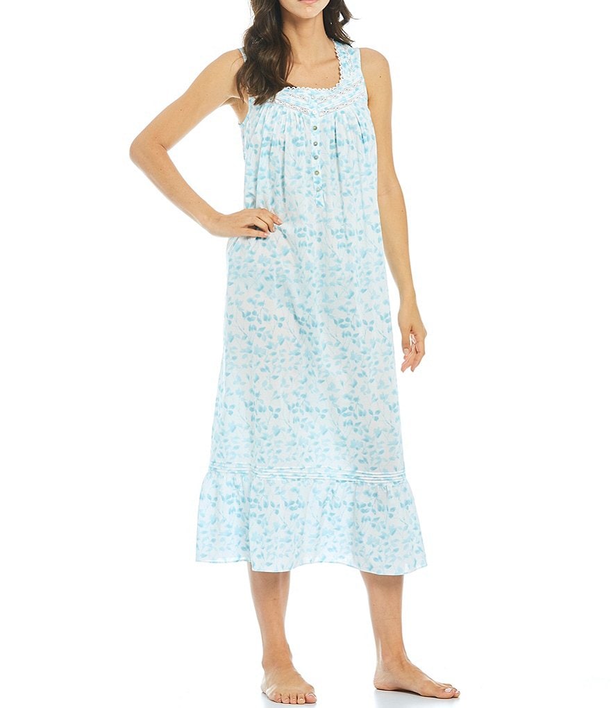 Eileen West Mono Leaf Print Sleeveless Square Neck Woven Ballet Nightgown