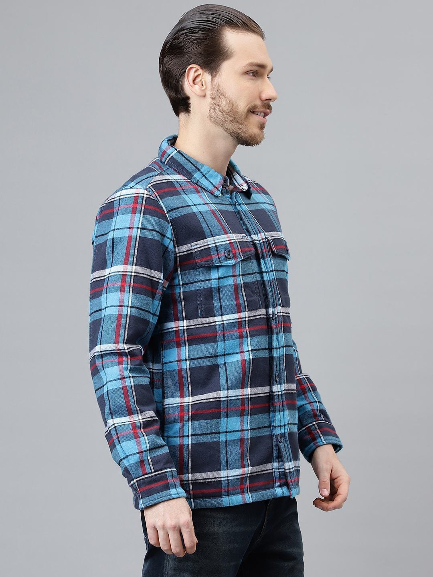 Woodland Navy Cotton Regular Fit Checks Shirt