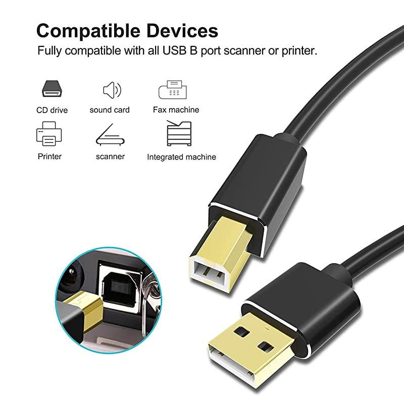 USB Printer Cable,  16FT Flexible USB 2.0 Type A Male to B Male Scanner Cord High Speed for HP Canon Dell, Lexmark Epson Xerox Samsung and More (Gold-Plated Connector)