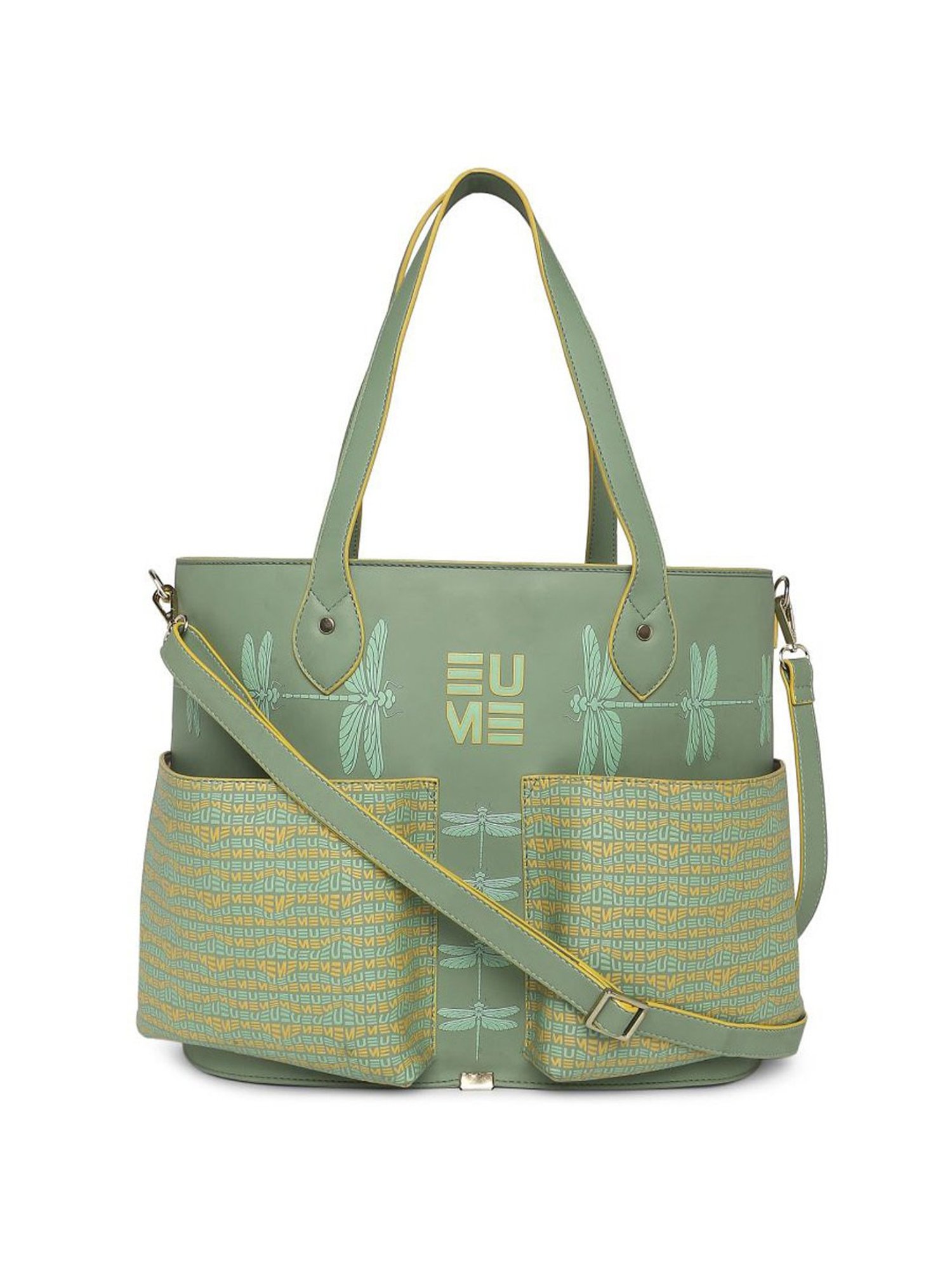 Eume Dragonfly Basil Green Leather Printed Shoulder Handbag
