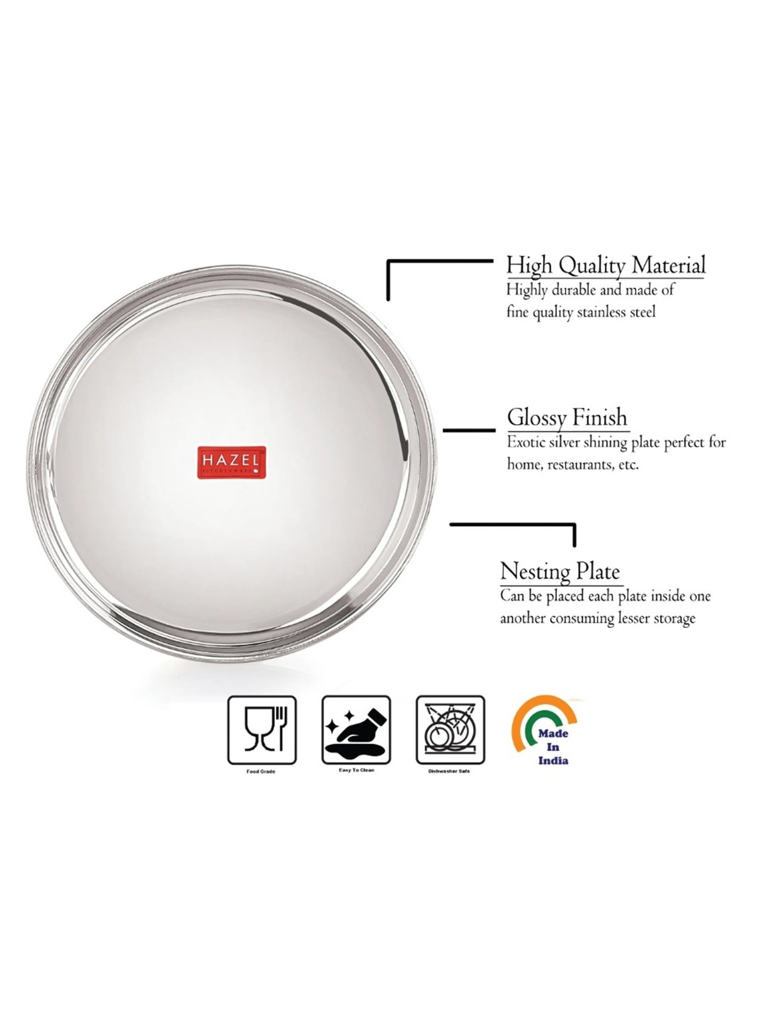 HAZEL Silver Stainless Steel Snack Plates With Mirror Finish