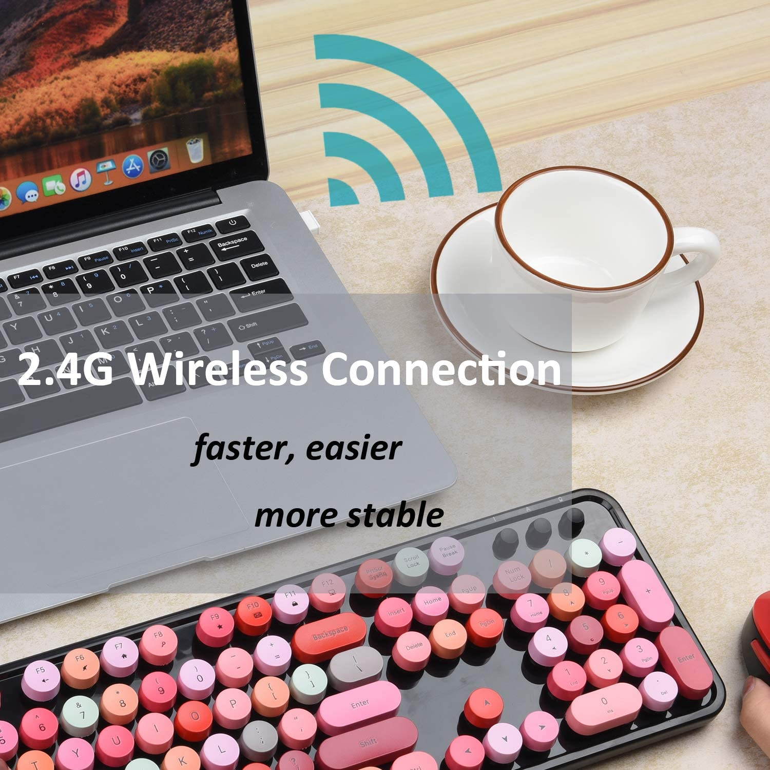 UBOTIE Colorful Computer Wireless Keyboard Mouse Combos, Typewriter Flexible Keys Office Full-Sized Keyboard, 2.4GHz Dropout-Free Connection and Optical Mouse (Black-Colorful)