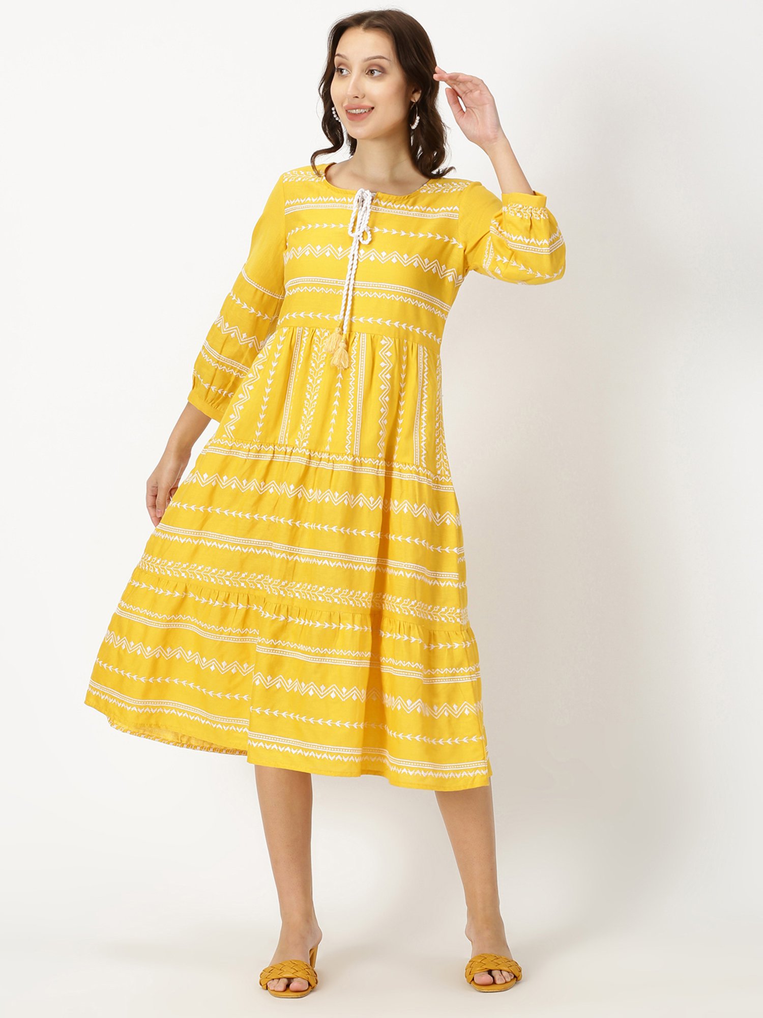 Saffron Threads Yellow Cotton Embroidered Ethnic Dress