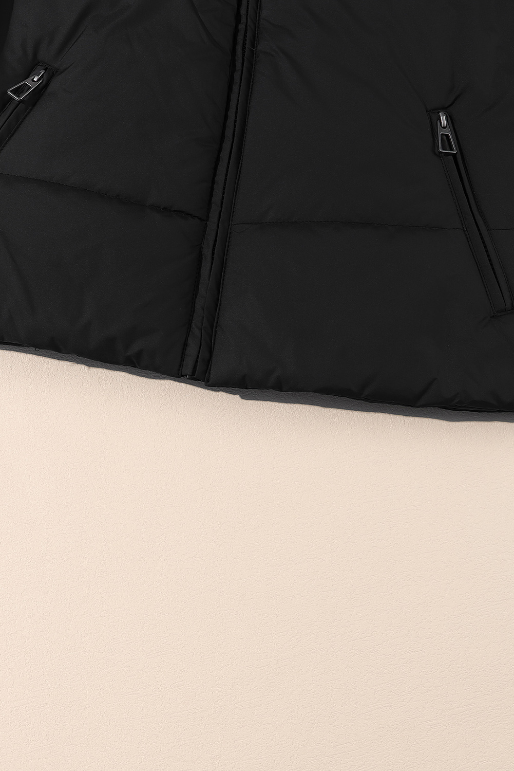 Black Solid Zip Up Pocketed Puffer Coat