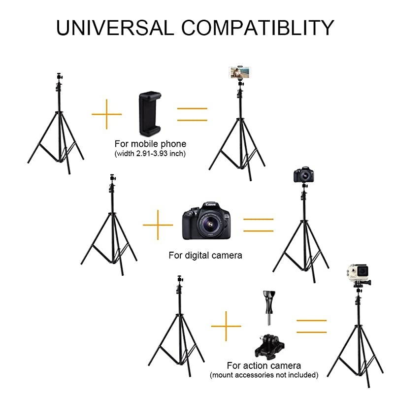 to 82 Inch Extendable Tripod with Mobile Phone Clip Mount Camera Tripod Compatible with Most Cell Phones DSLRs Digital Cameras and Action Cameras for Selfie and Live Video 82 in Silvery